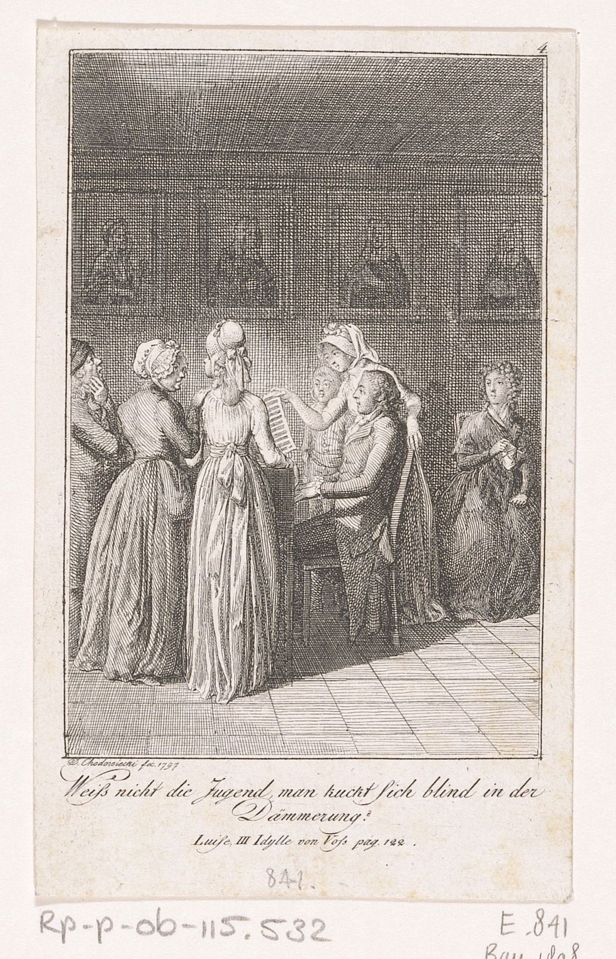 Luise slaat de bladmuziek om by Daniel Nikolaus Chodowiecki