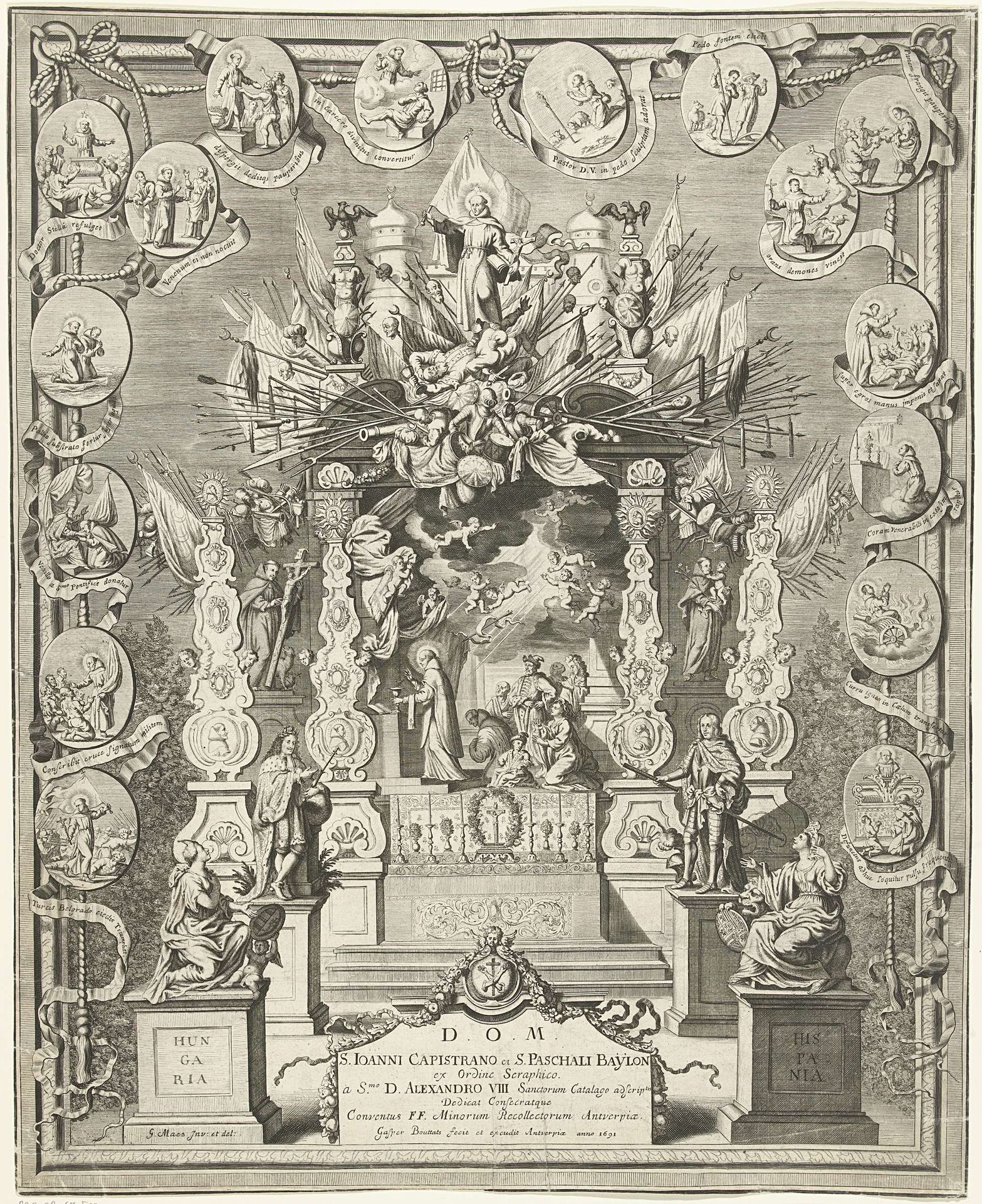 Triomfboog met scènes uit het leven van de Heilige Johannes van Capistrano en Paschal Baylon by Gaspar Bouttats