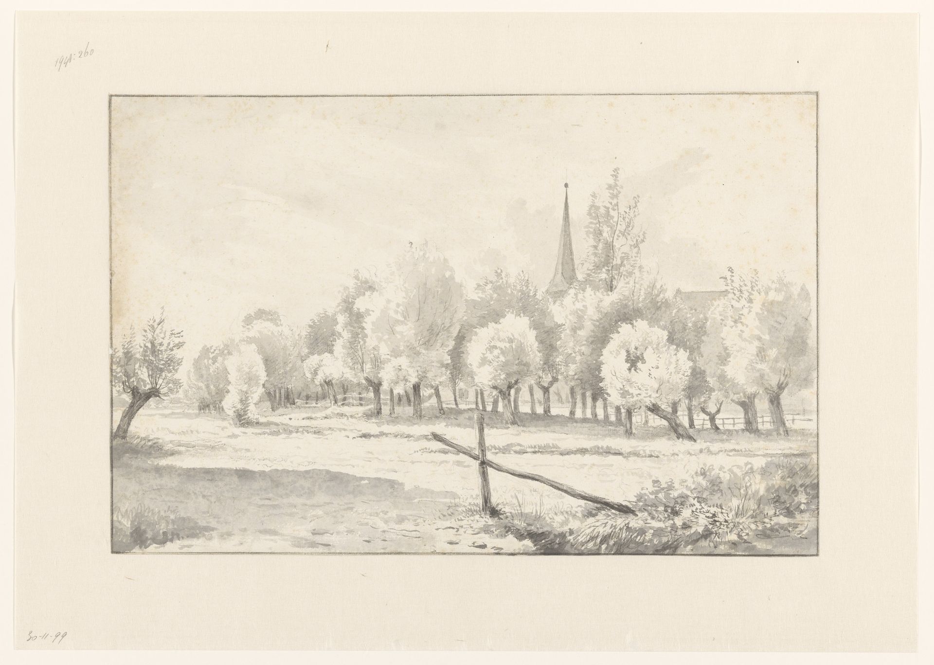 Weiland met knotwilgen en op de achtergrond een kerktoren by Cornelis Steffelaar