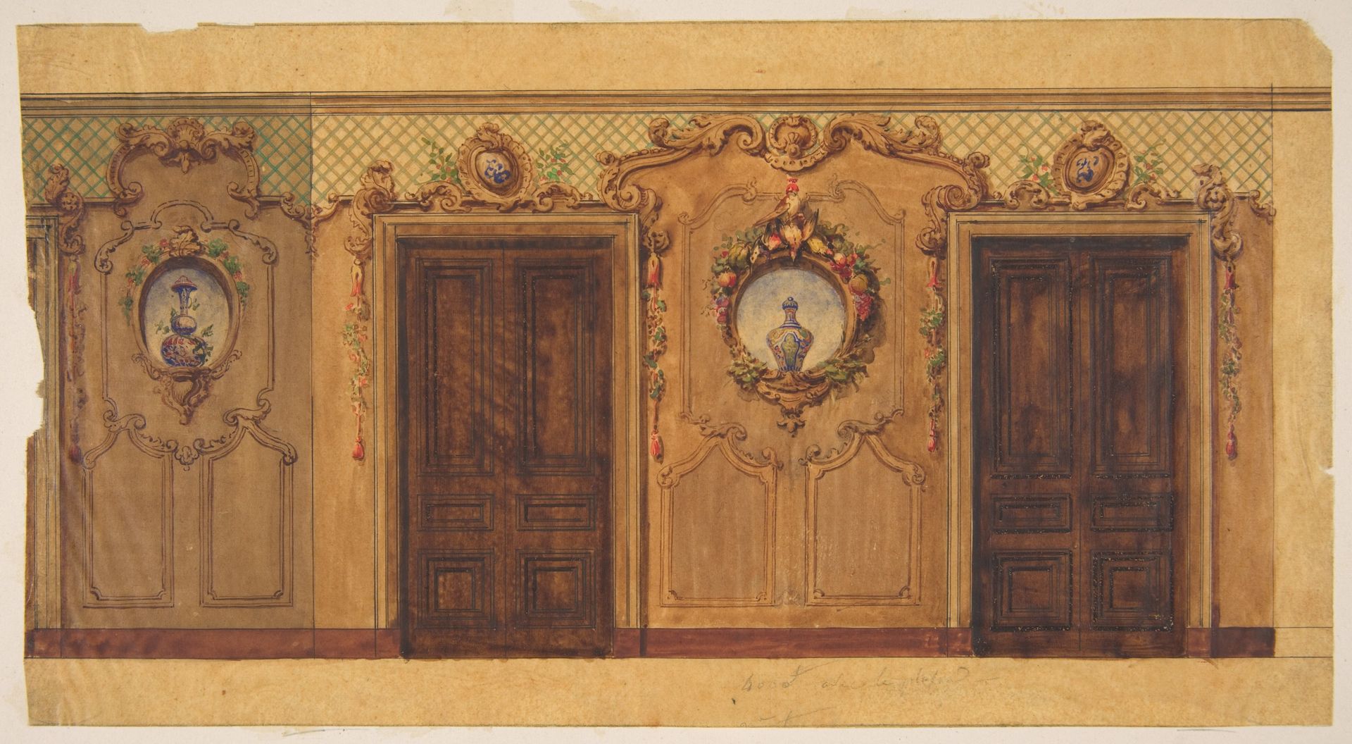 Design for a room with double doors decorated with garlands of fruit and flowers, scrolls, and lattice work by Jules-Edmond-Charles Lachaise