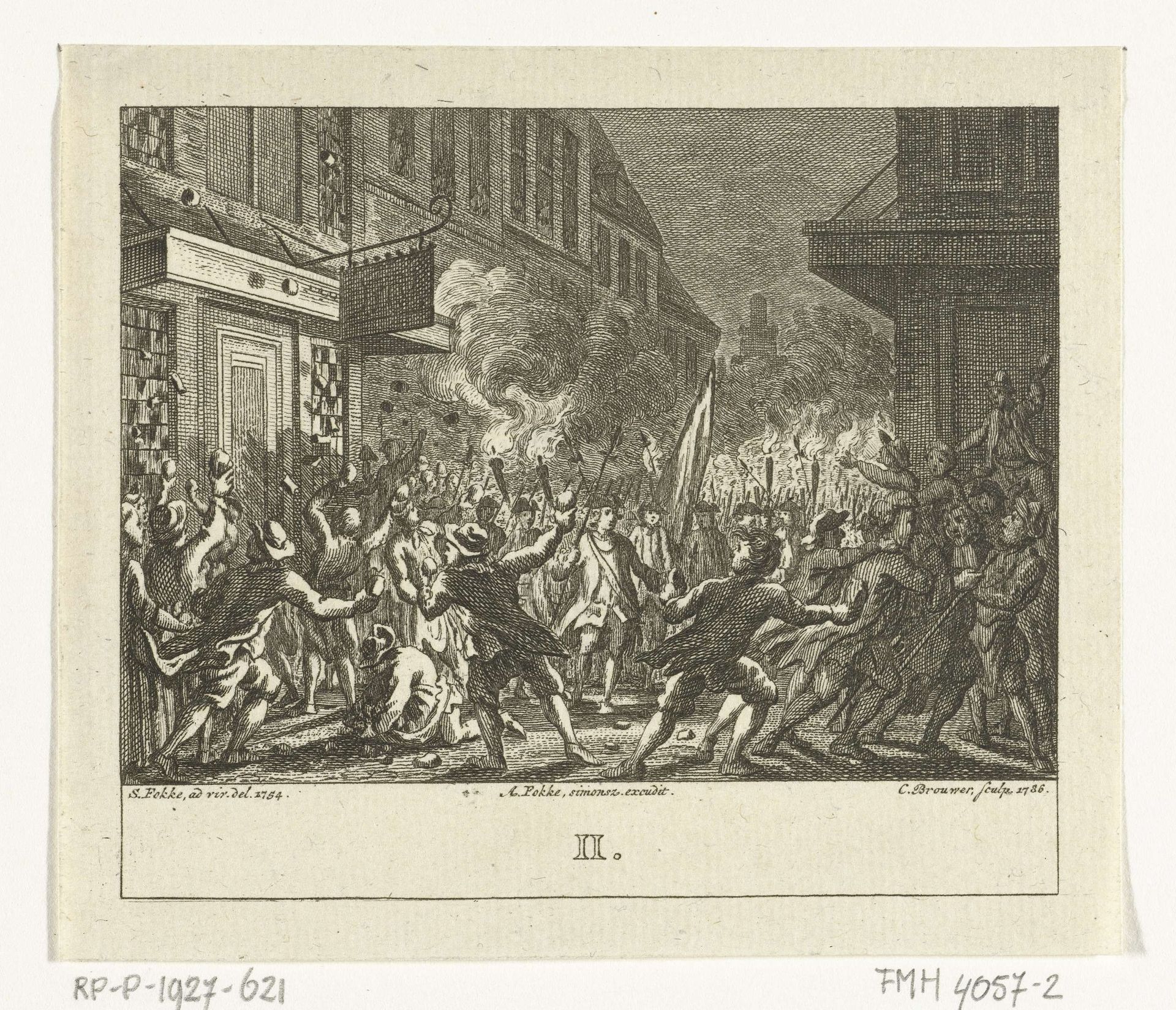 Opstand bij de begrafenis van Daniël Raap voor zijn sterfhuis te Amsterdam in 1754 by Cornelis Brouwer