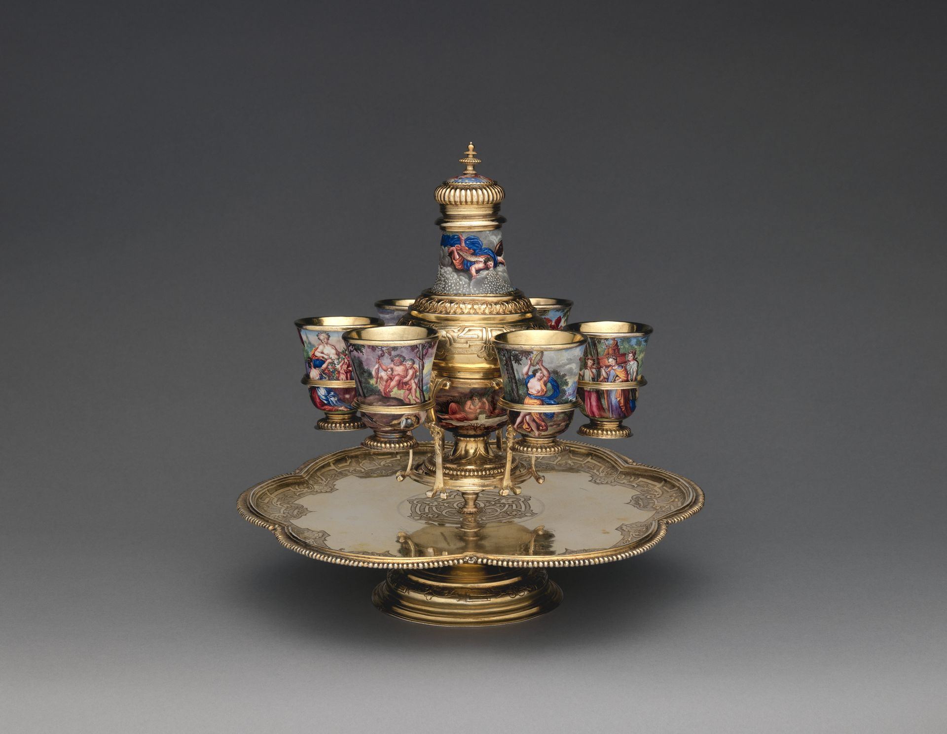 "Four Seasons" enamel liqueur service by Elias Adam