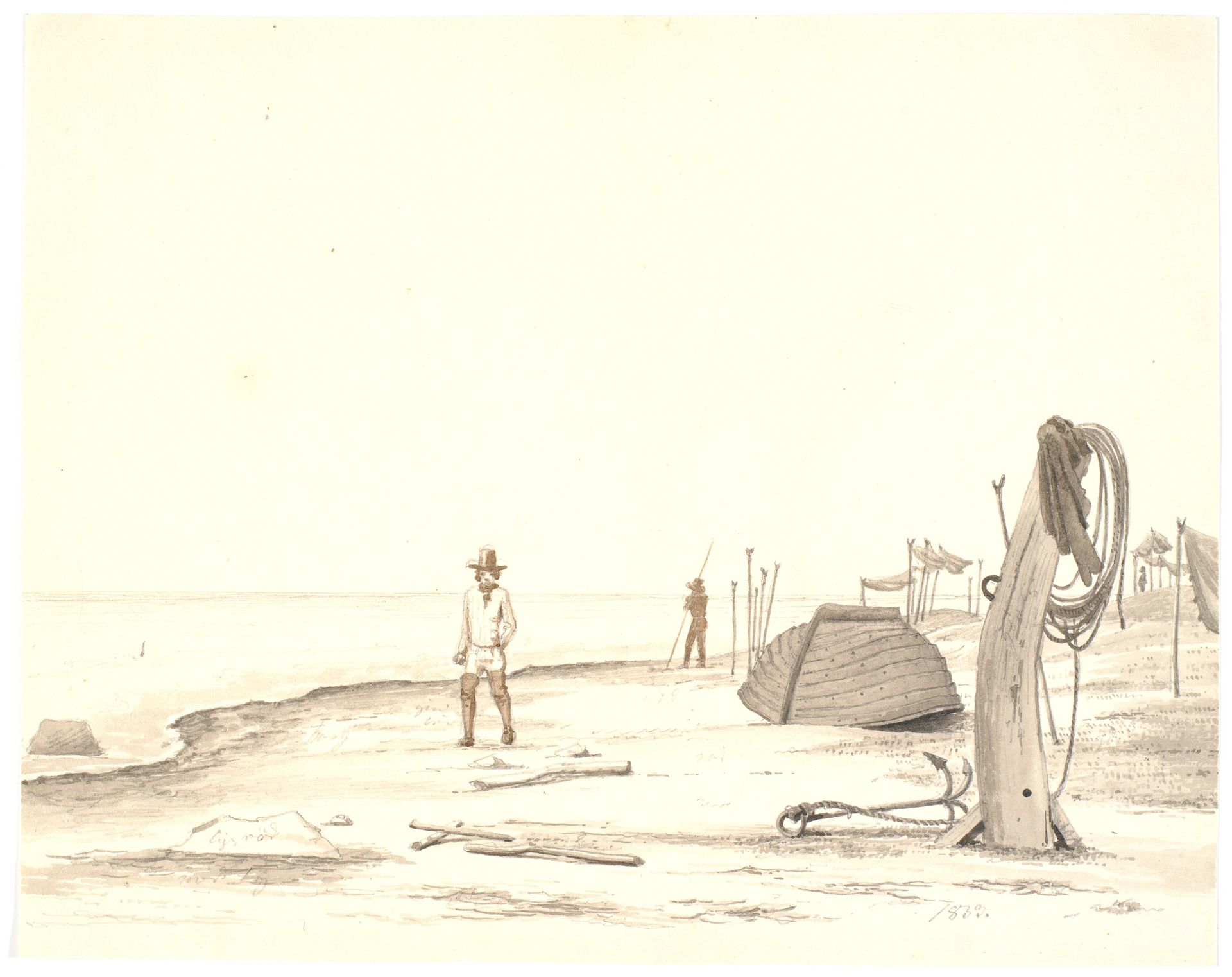 Strandparti med omvendt båd og to fiskere by Martinus Rørbye