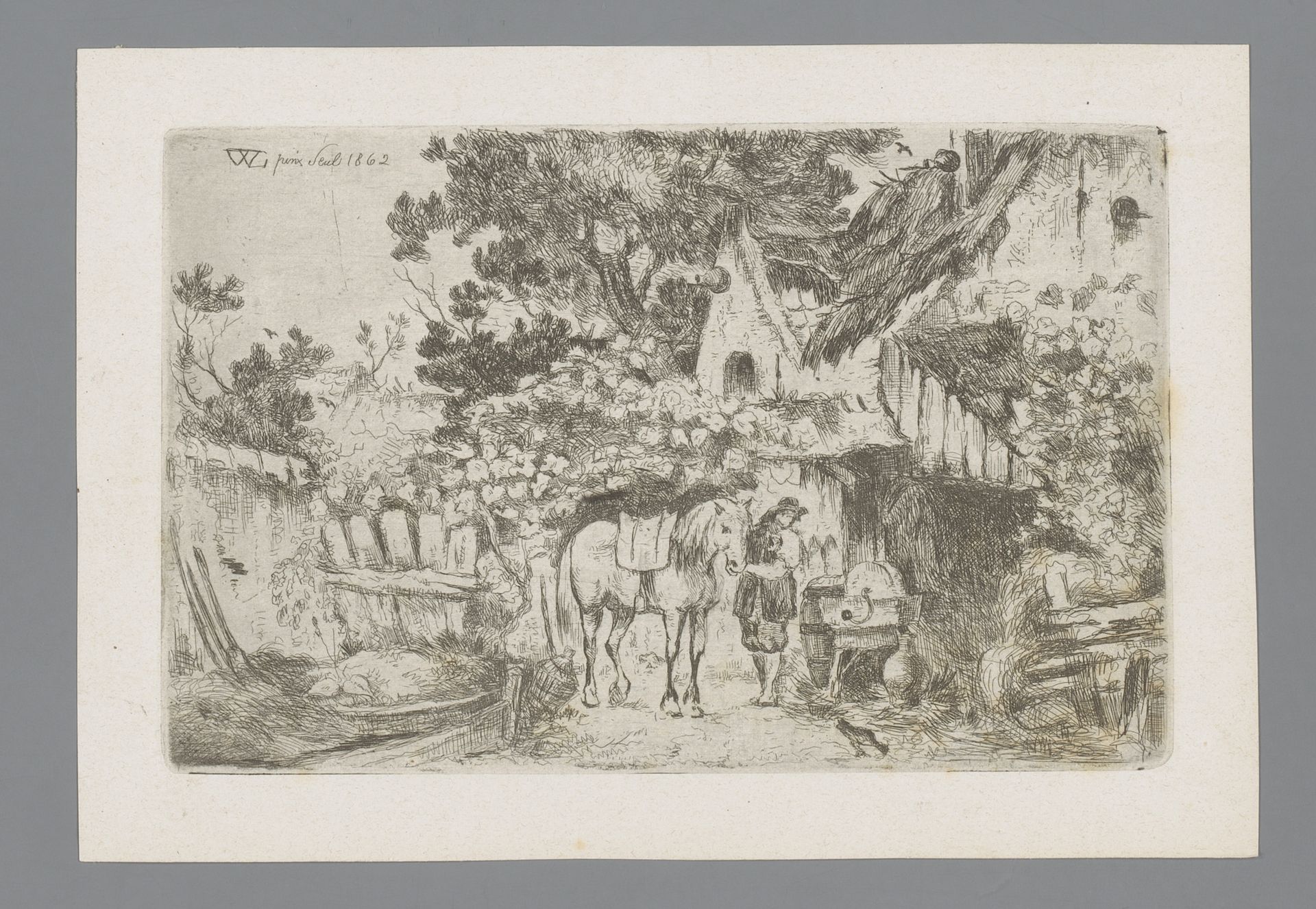 Man naast een paard voor een boerderij by Willem (II) Linnig