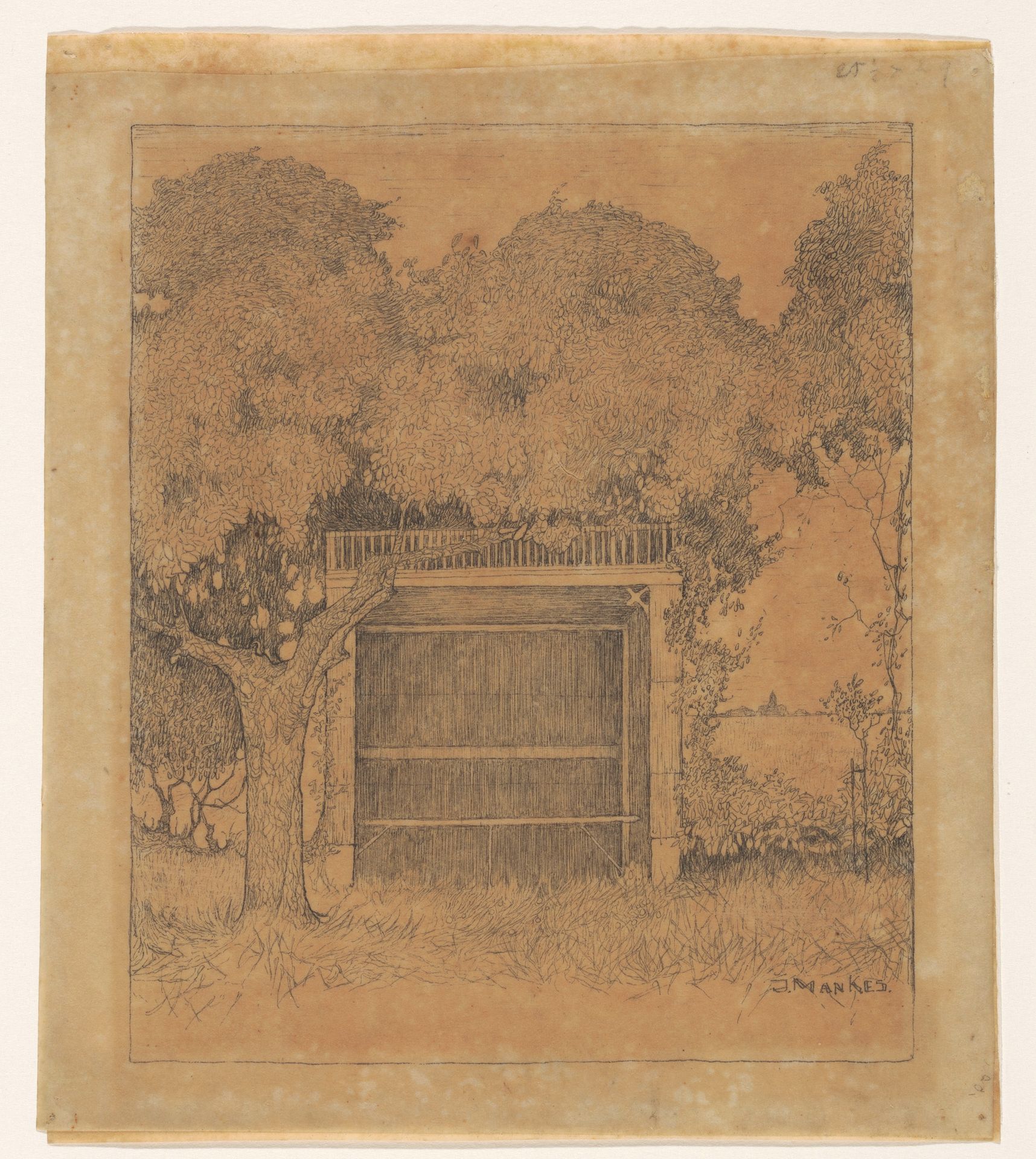 Tuinprieel onder twee bomen by Jan Mankes