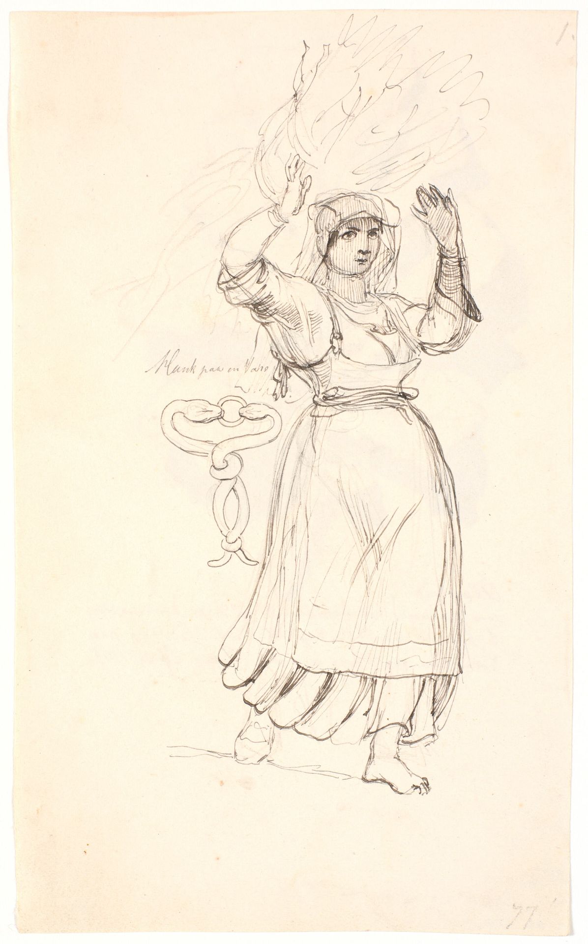 Italiensk bondekone med et knippe kvas på hovedet. Studie af en hank forestillende to slanger som bider hinanden i hovedet by Johan Thomas Lundbye