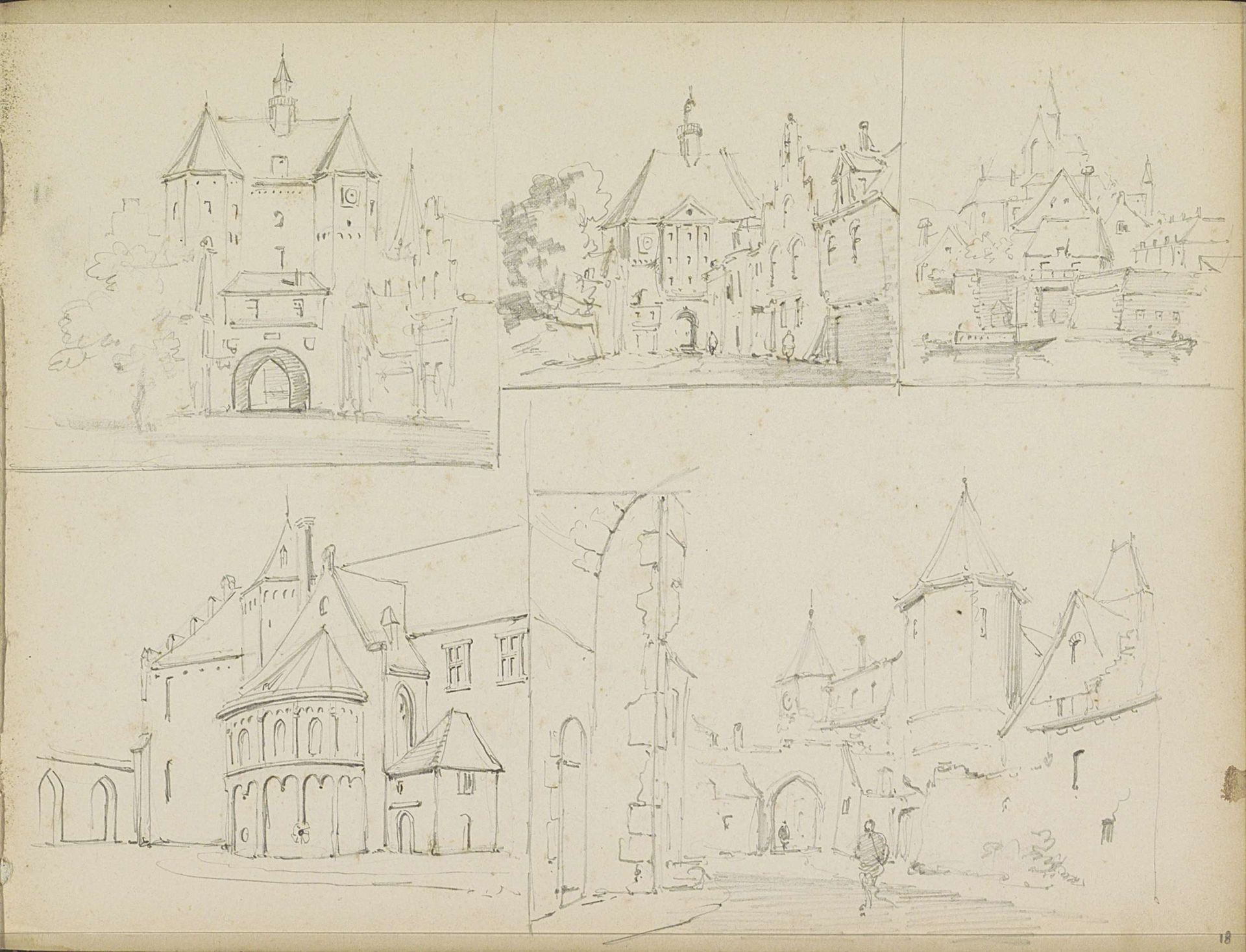 Studieblad met gebouwen en stadsgezichten by Adrianus Eversen