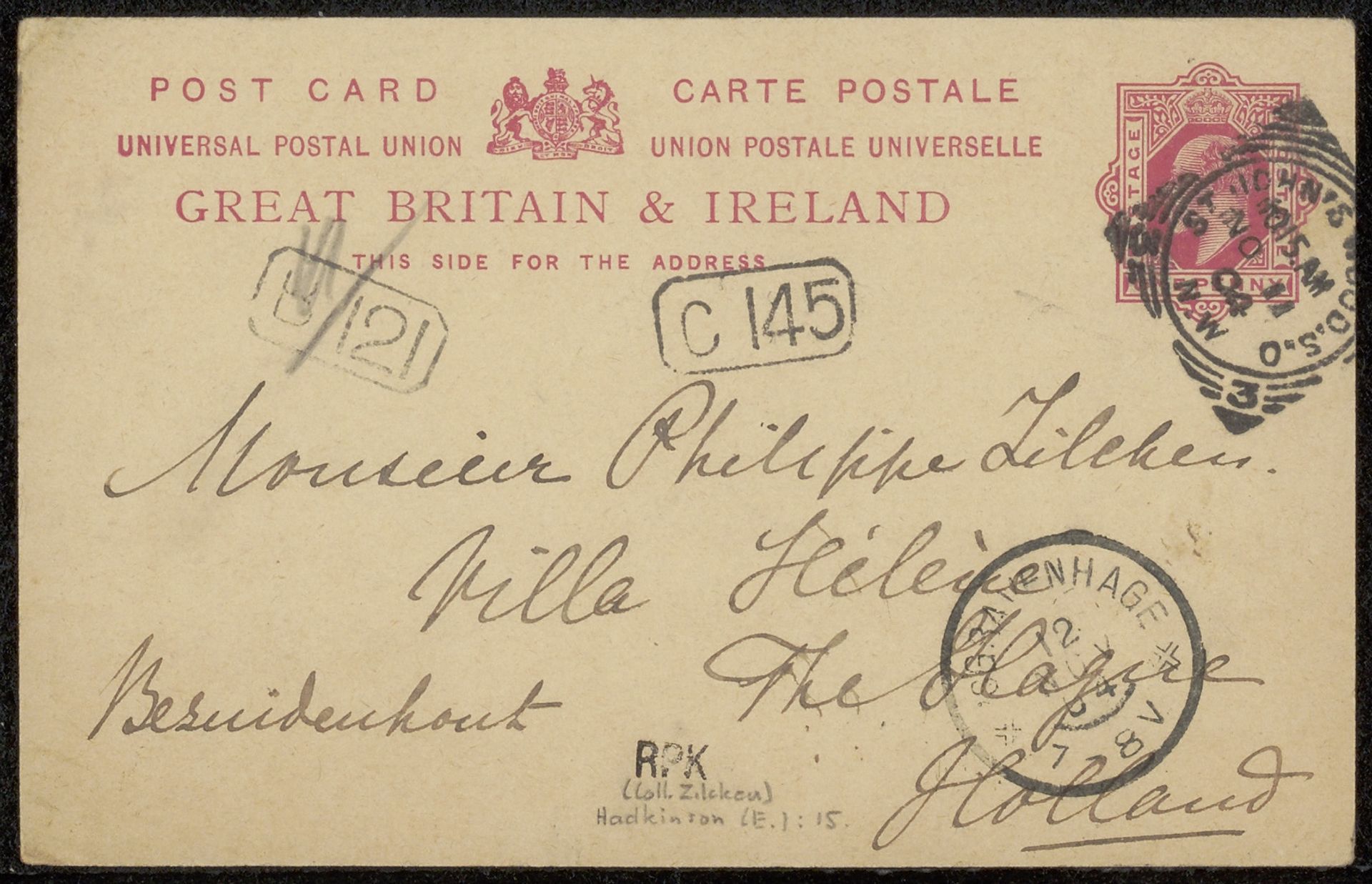 Briefkaart aan Philip Zilcken by Ernestine Hadkinson