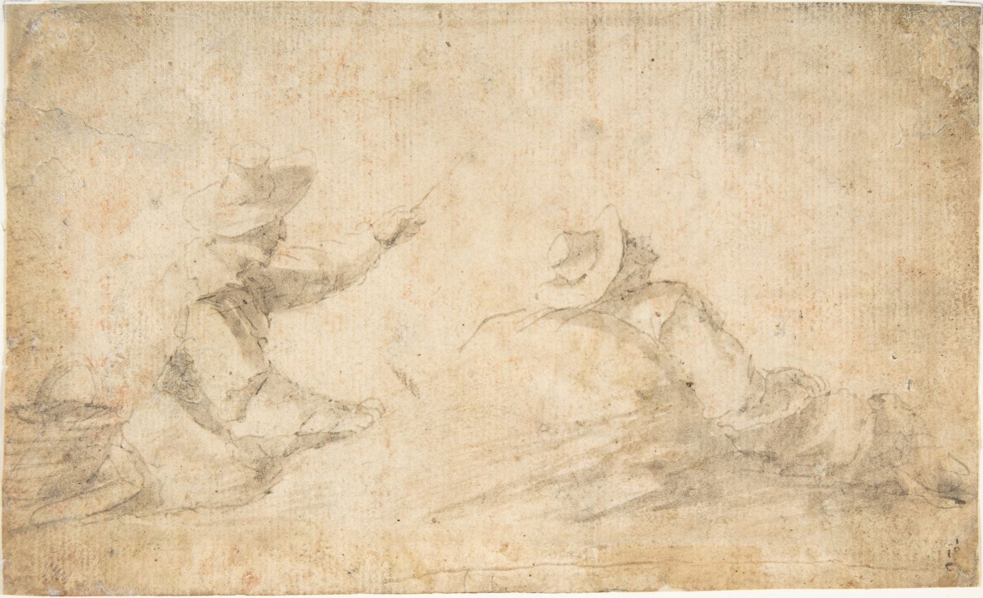 Man Fishing and Man Reclining Against a Rock by Anonymous