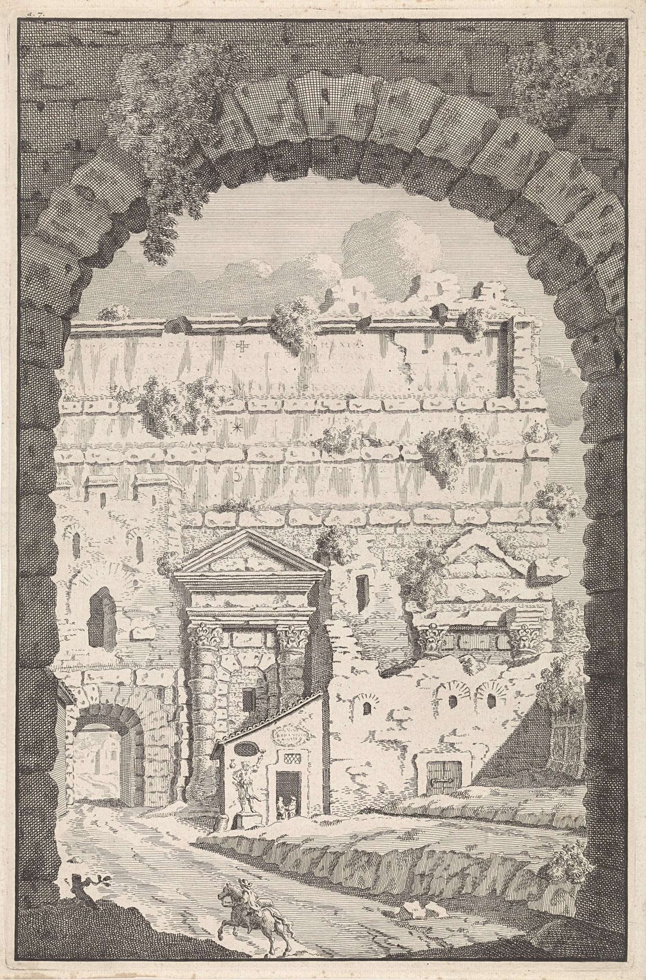 Gezicht door een boog op een ruiter en ruïnes by Bonaventura van Overbeek