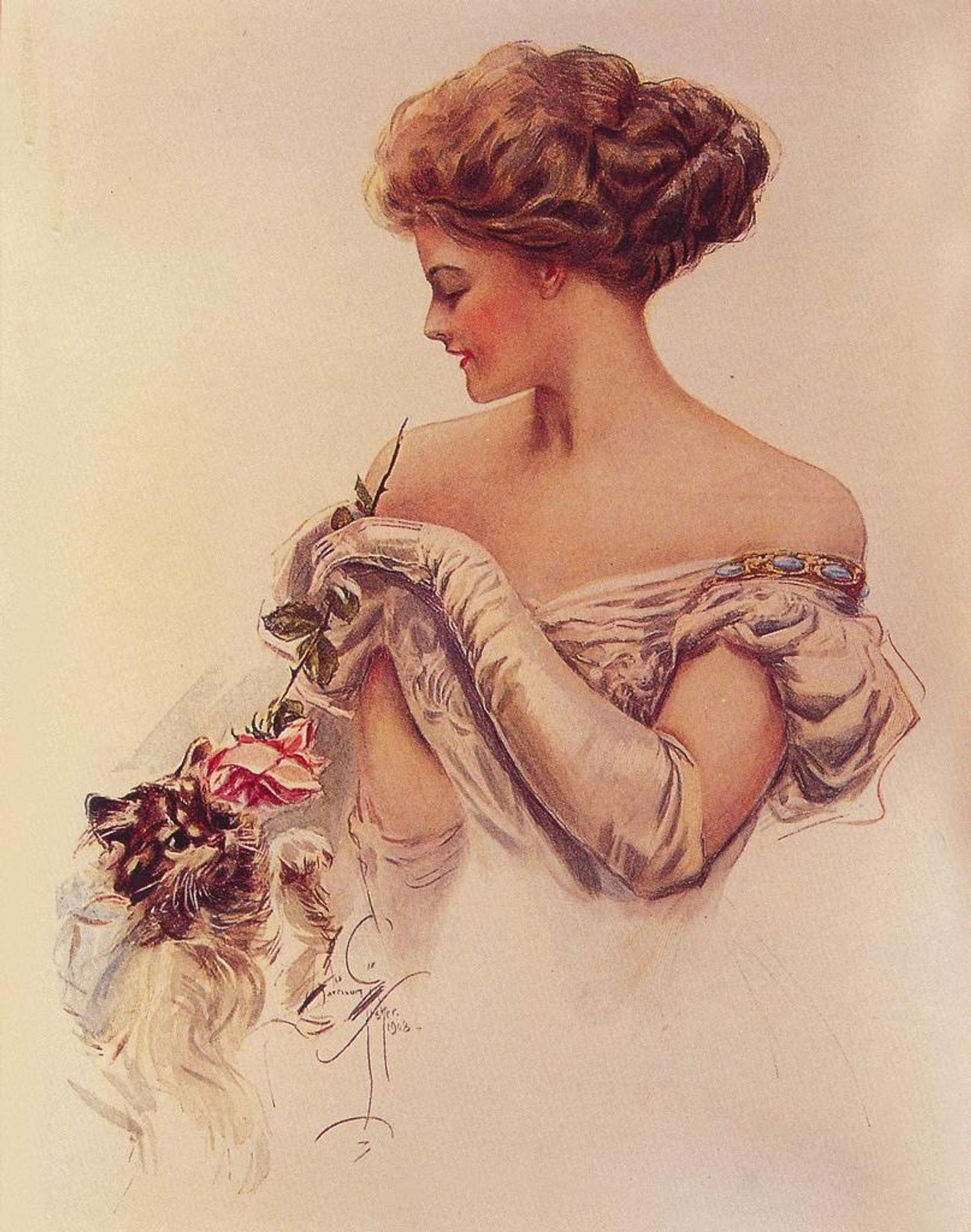 Pretty Woman Holding Kitten by Harrison Fisher