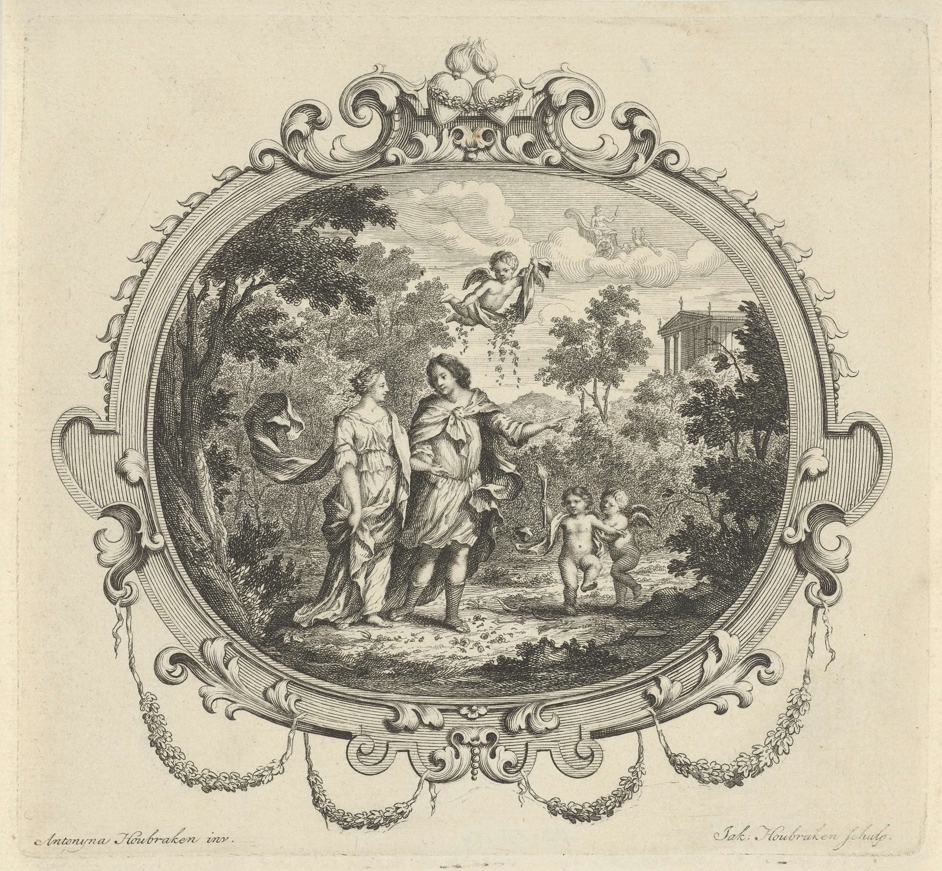 Wandelend paar vergezeld door putti by Jacob Houbraken