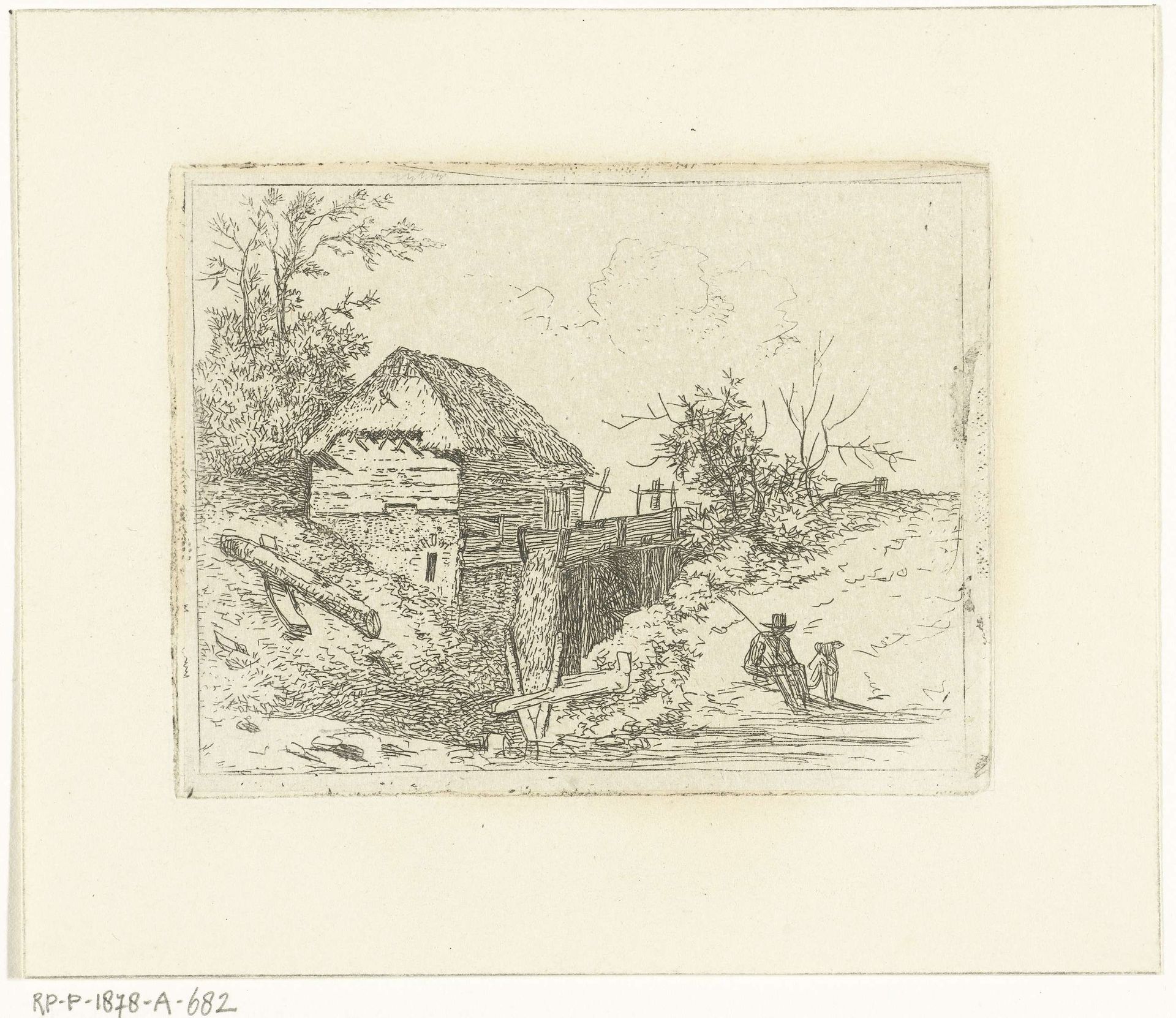 Landschap met watermolen en man met hond by Albertus Brondgeest