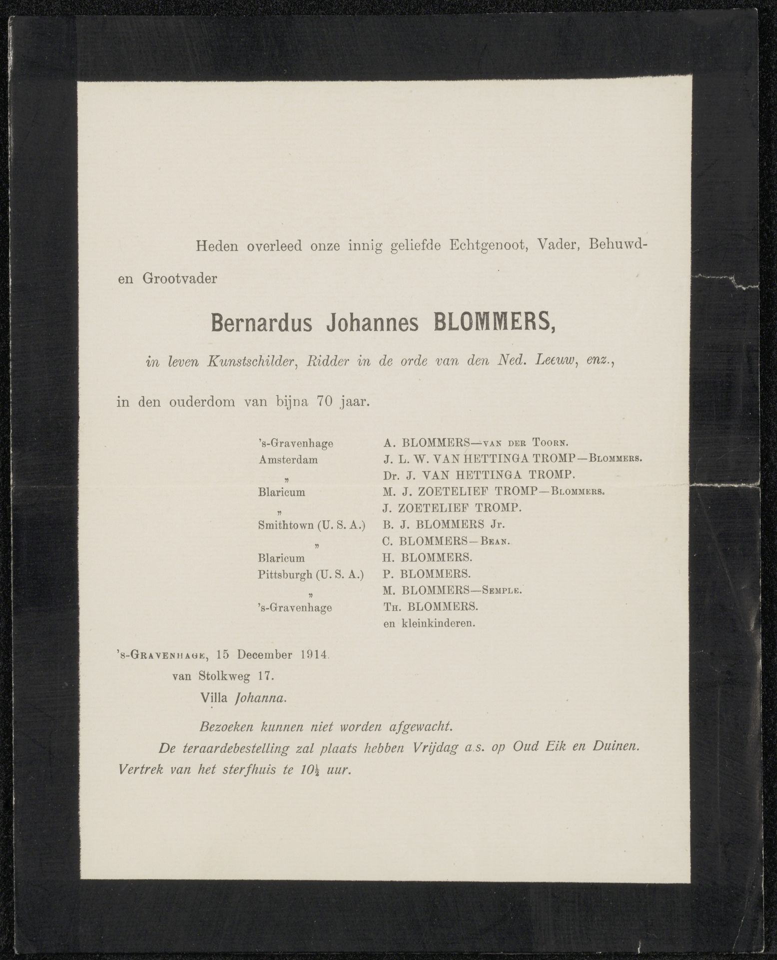 Overlijdensbericht van Bernardus Johannes Blommers by Anonymous