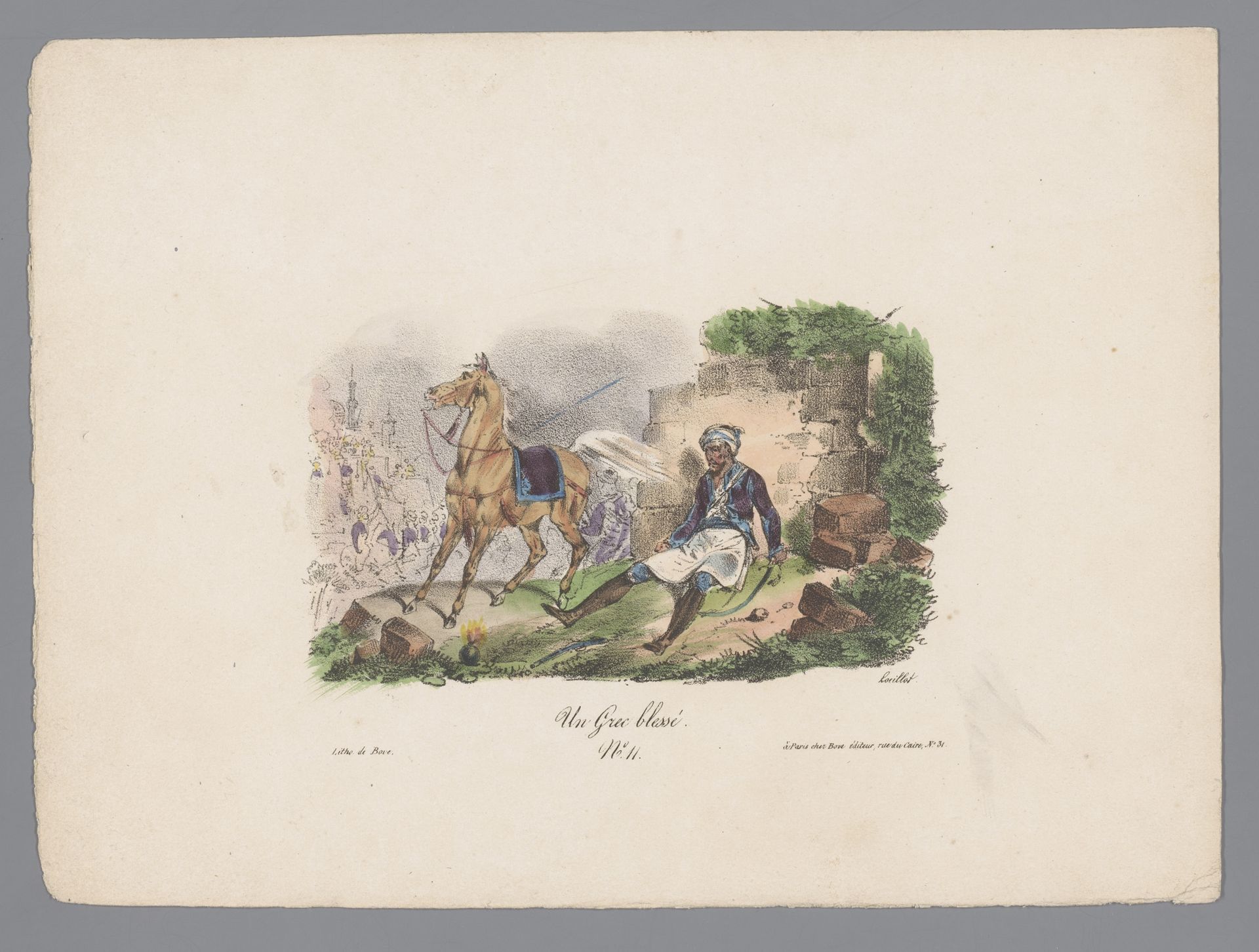 Gewonde Griekse soldaat met paard by Karl Loeillot-Hartwig