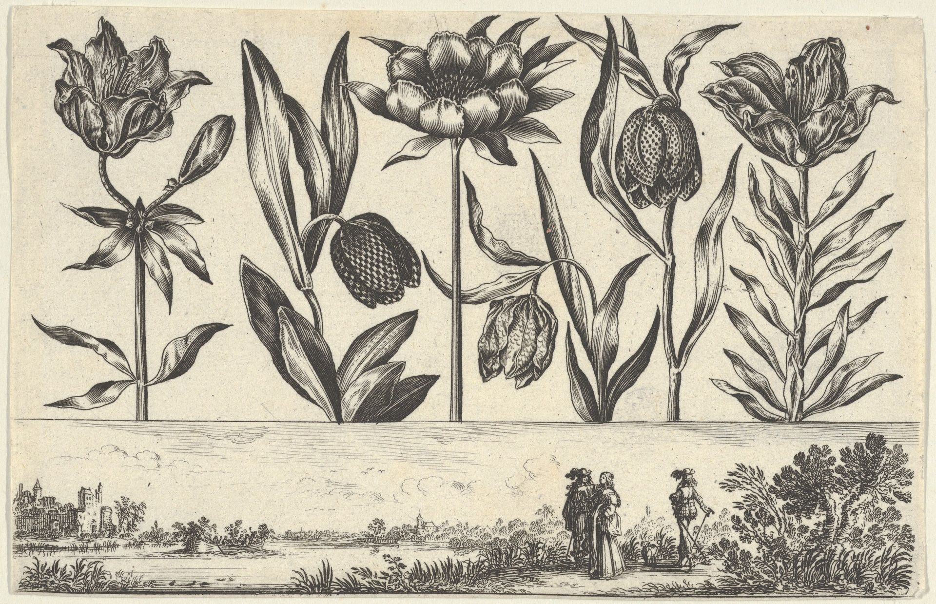 Horizontal Panel with a Row of Flowers Above a Frieze with Figures in a Landscape, from Livre Nouveau de Fleurs Tres-Util by Nicolas Cochin