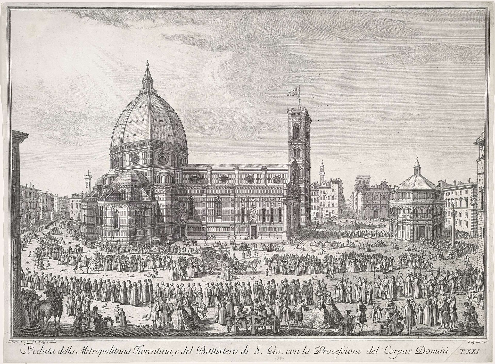 Processie voor de Santa Maria del Fiore en het Battistero di San Giovanni te Florence by Bernardo Sansone Sgrilli