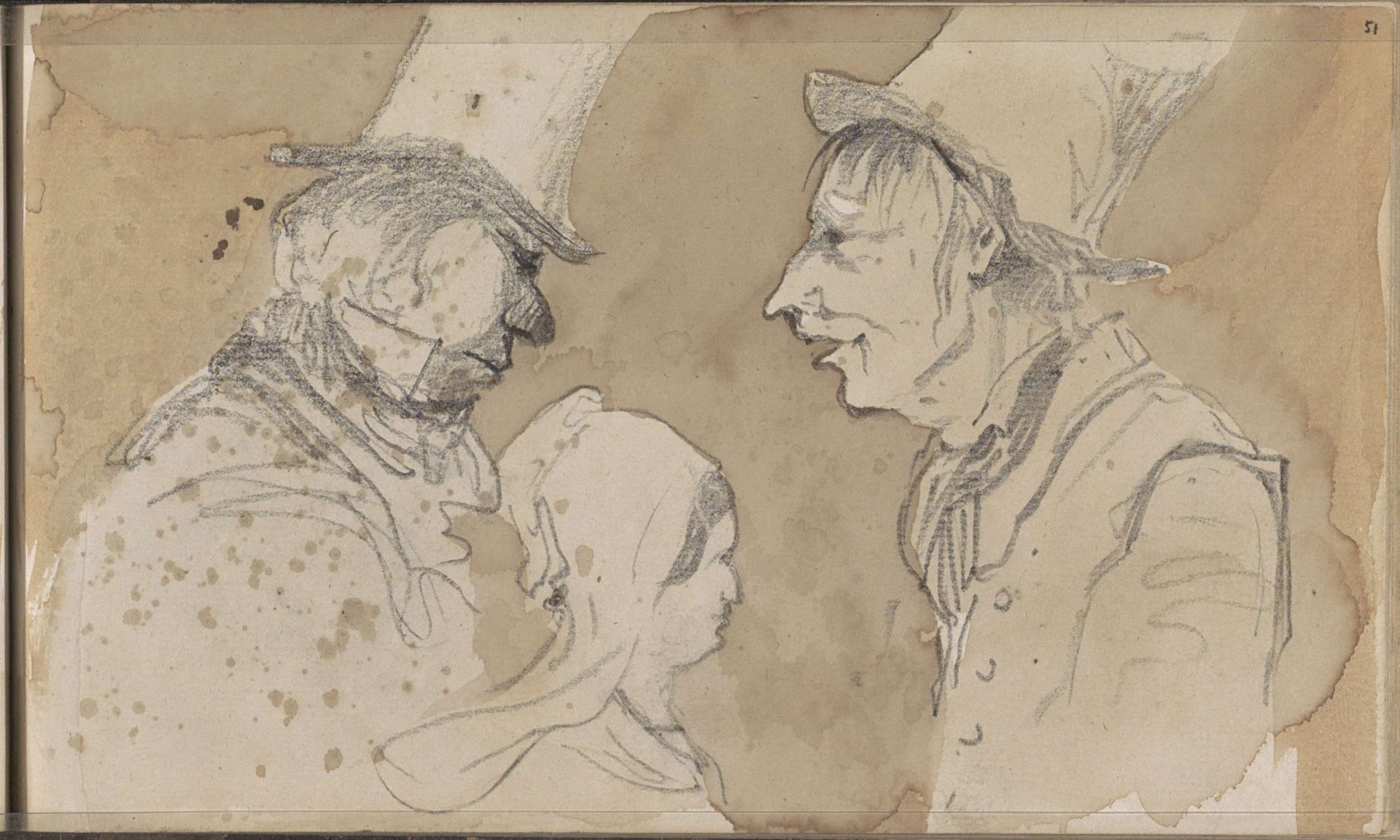 Twee mannen met hoge hoeden en een vrouw met een kap by Johannes Tavenraat