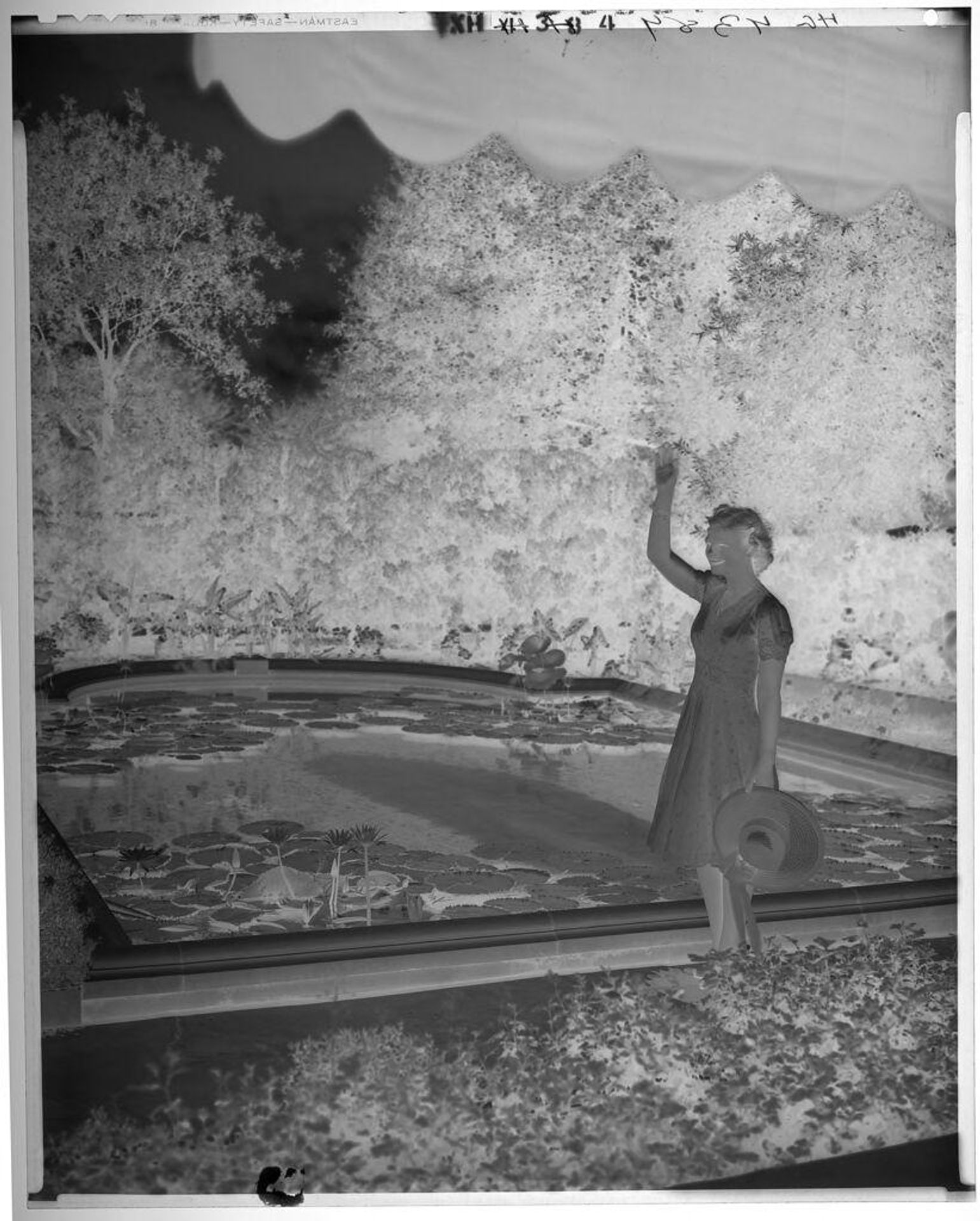 Untitled (woman holding hat and waving standing by pool with lily pads) by Paul Gittings