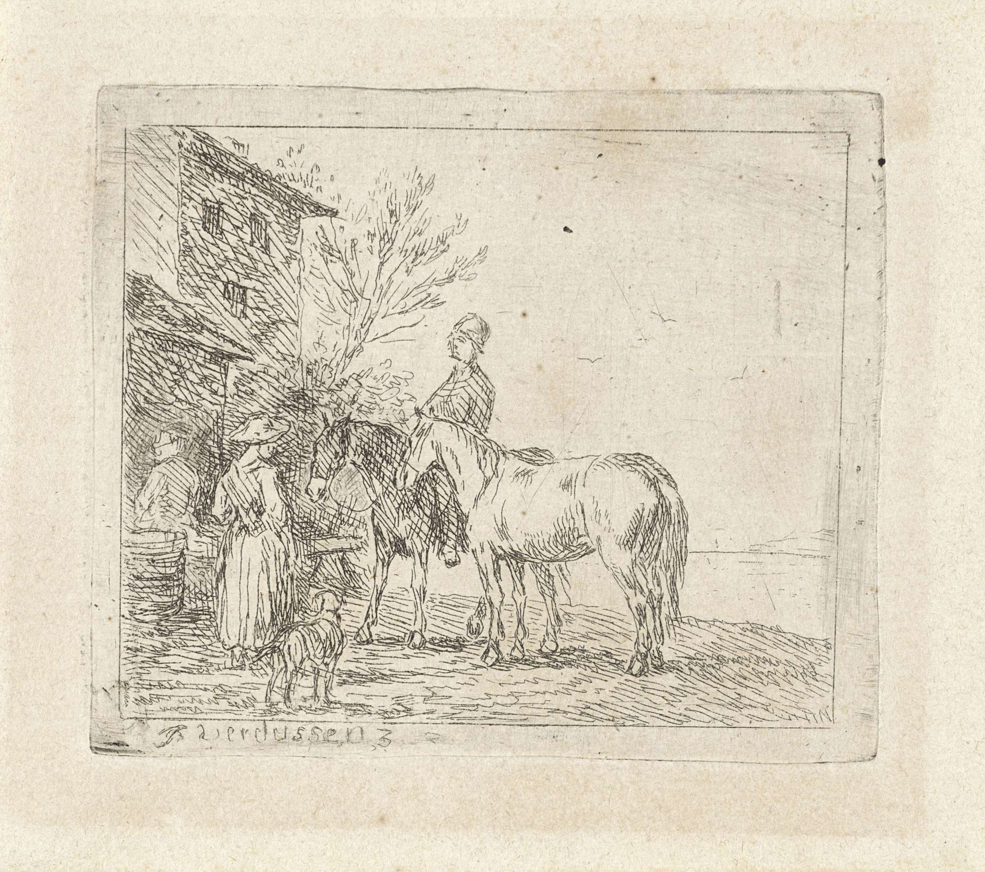 Ruiter voor een huis, met figuren en een hond by Jan Peeter Verdussen