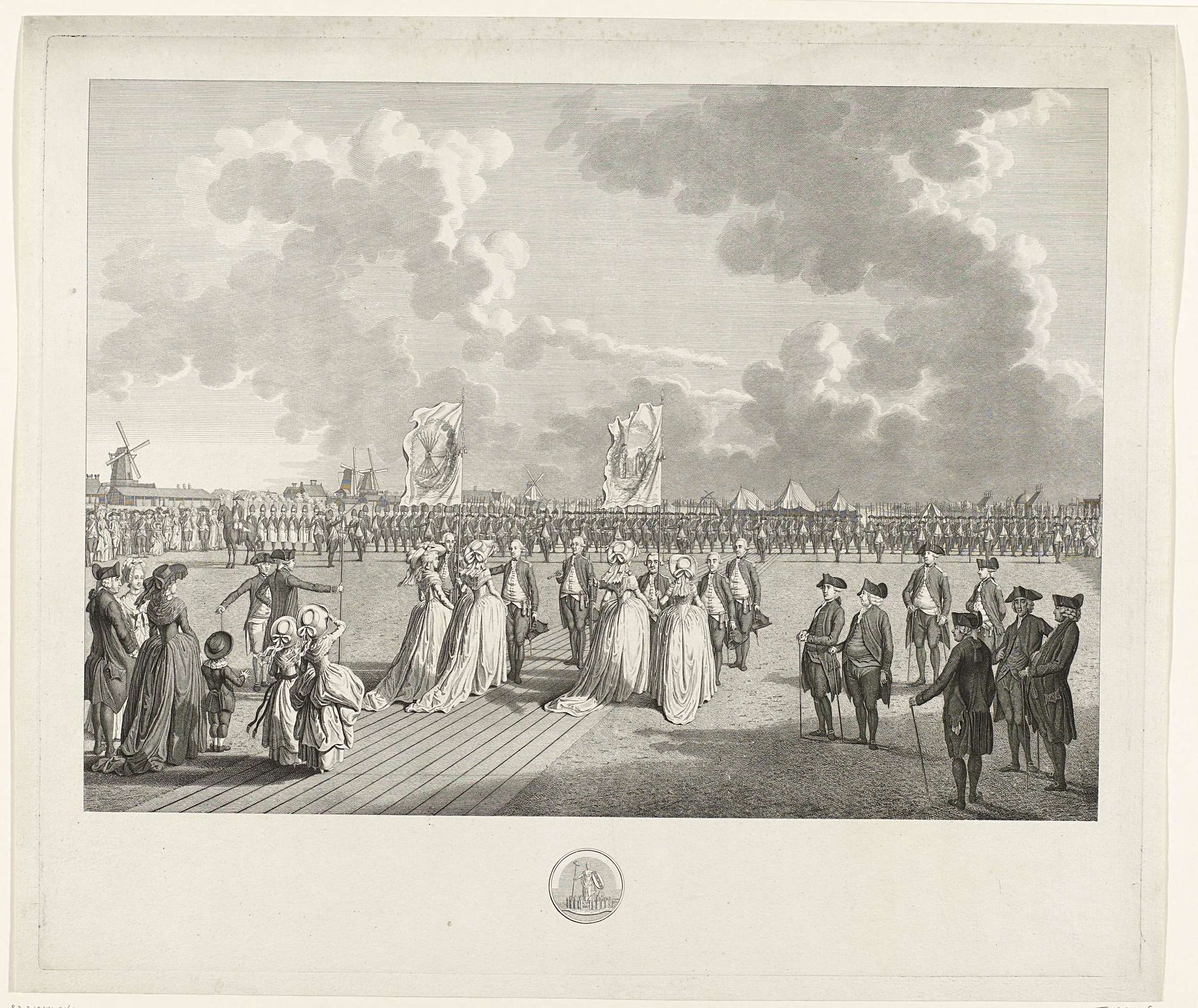 Overdracht van vaandels aan het exercitiegenootschap Tot Nut der Schuttery, 1786 by Noach van der (II) Meer
