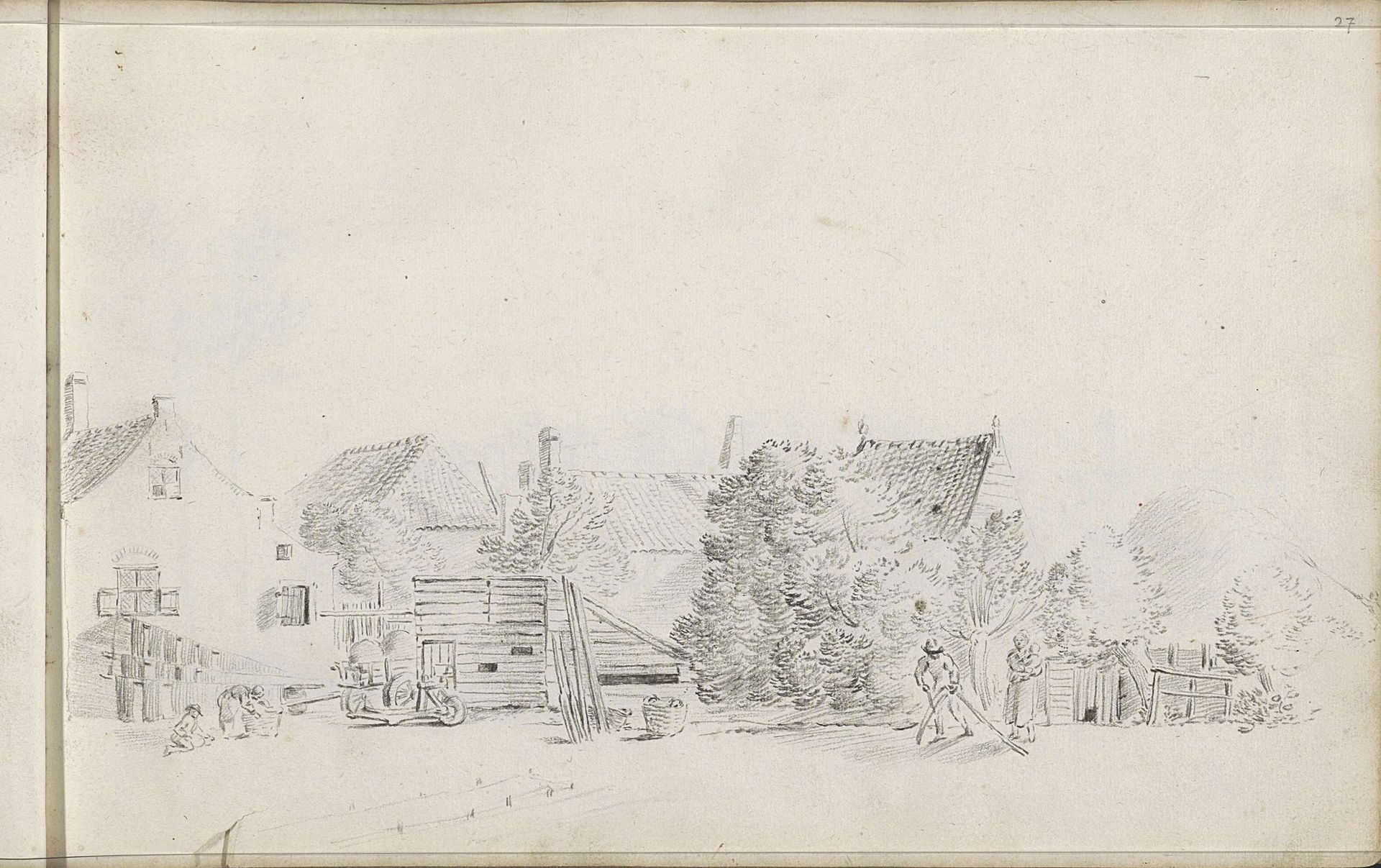 Boerenerf met boer die een zeis slijpt by Pieter Moninckx