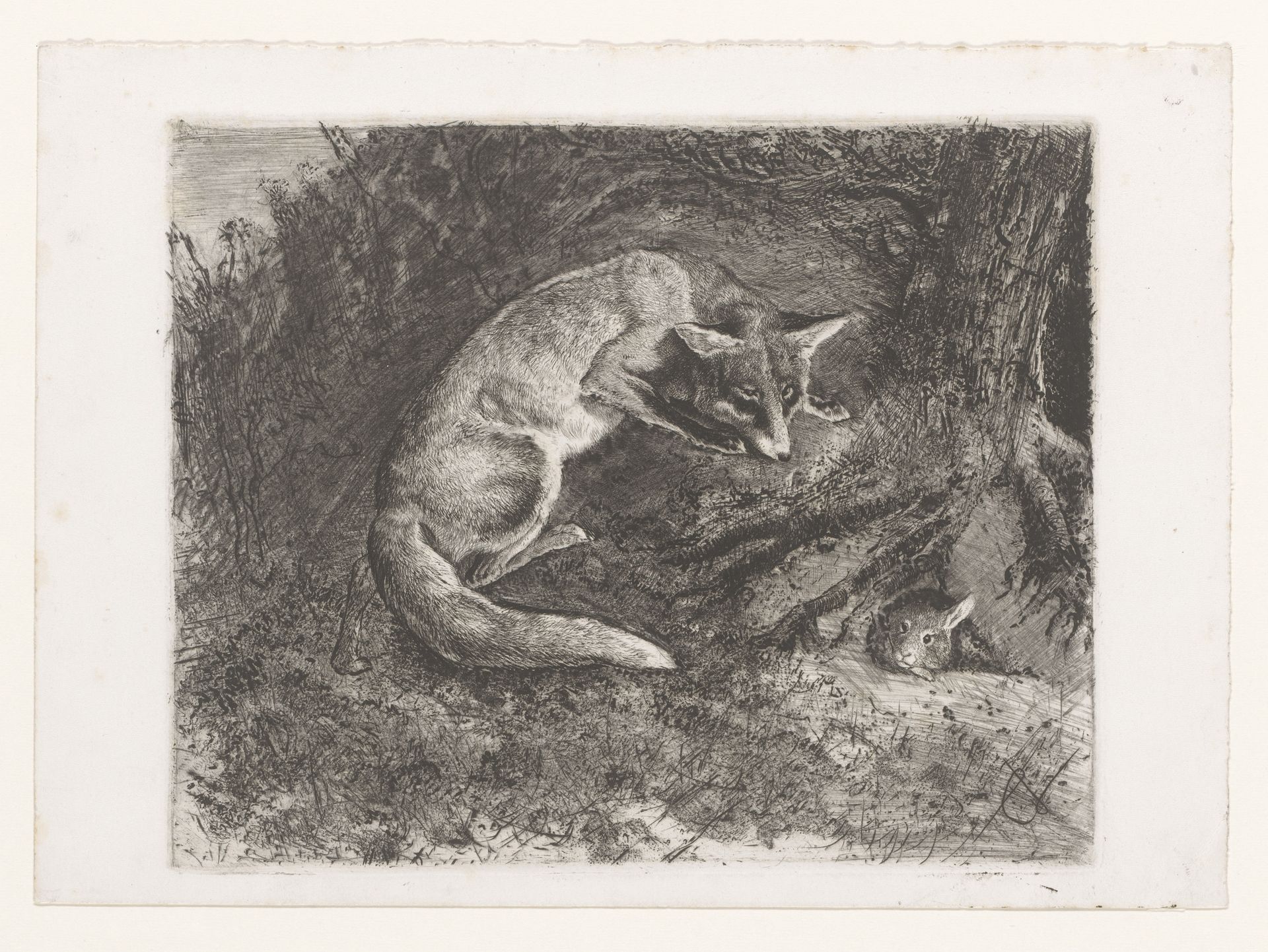 Vos jagend op een konijn by Charles Verlat
