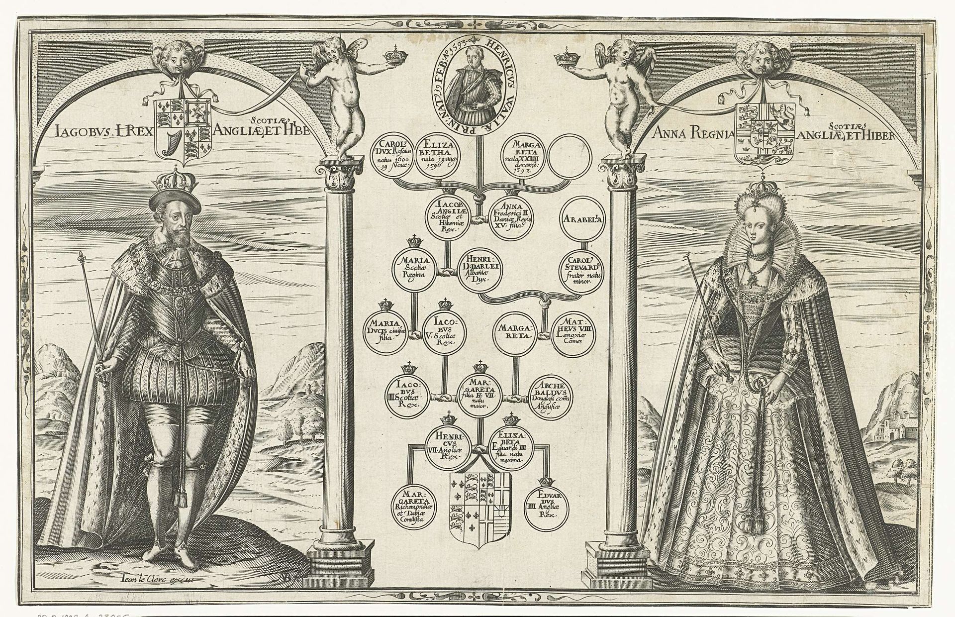 Portretten van Jacobus I, koning van Engeland en zijn gemalin Anna van Denemarken staand aan weerszijden van stamboom by Nicolaes de Bruyn