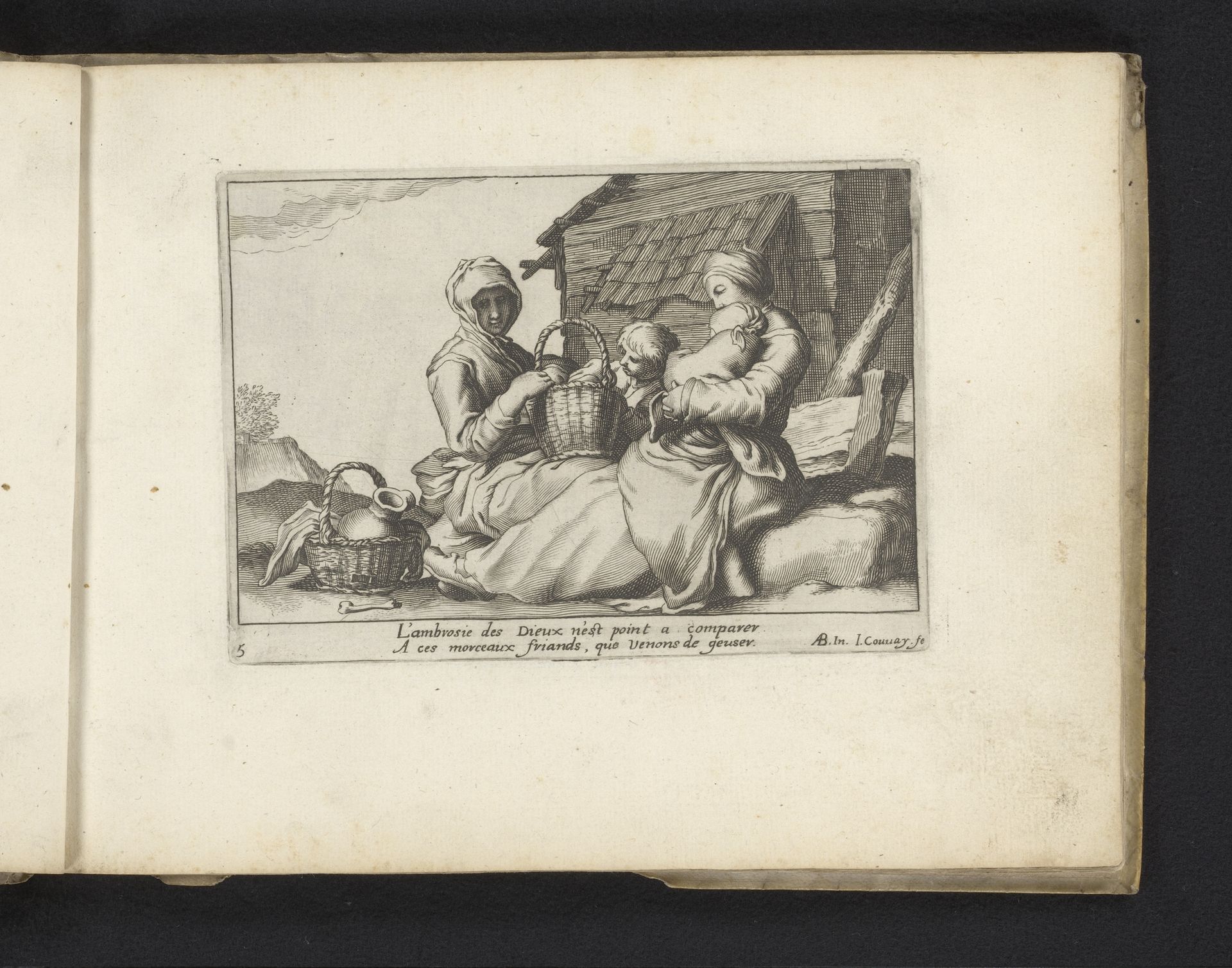 Twee vrouwen en twee kinderen rusten en eten in de open lucht by Jean Couvay