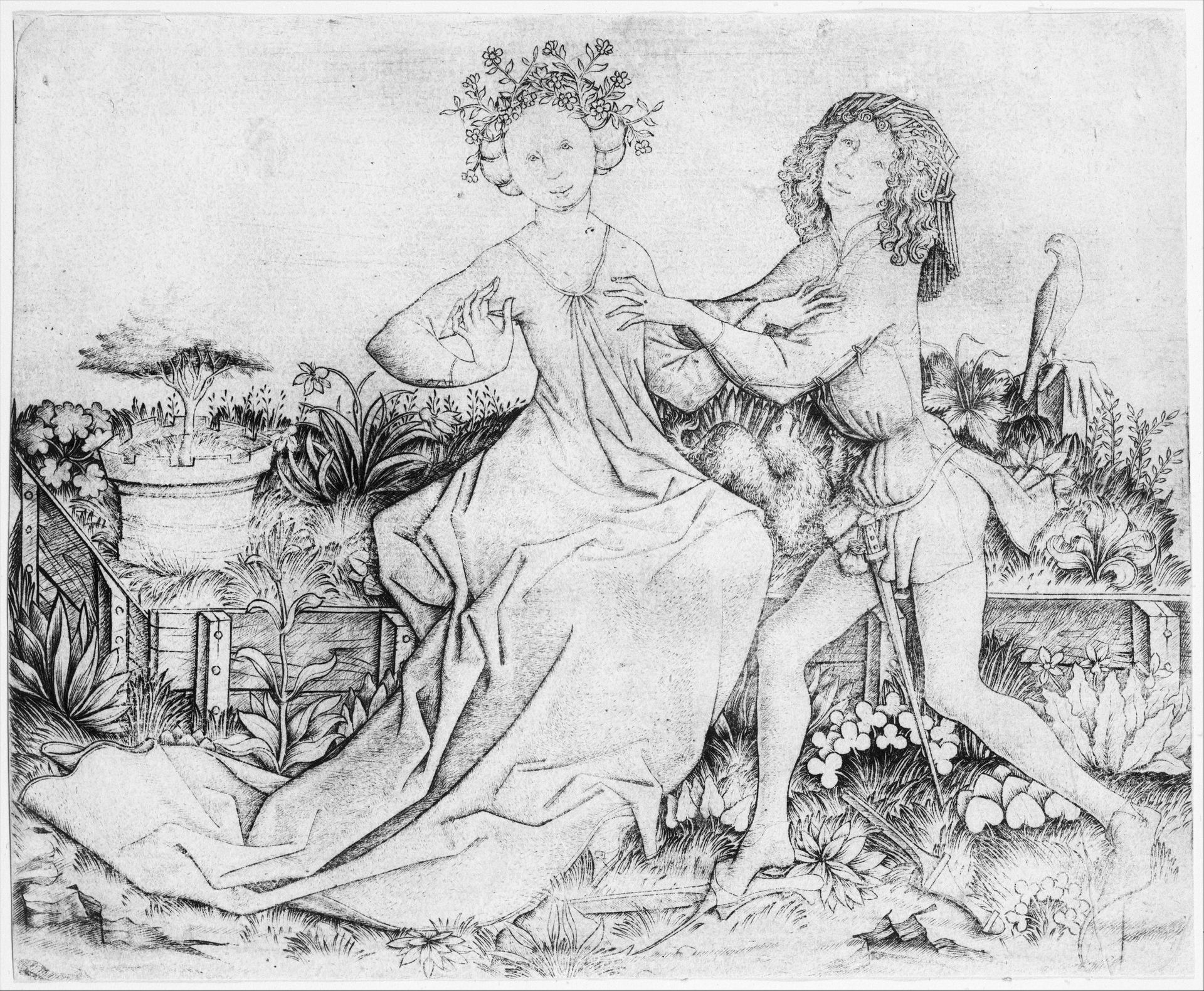 Pair of Lovers on a Grassy Bench by Master ES