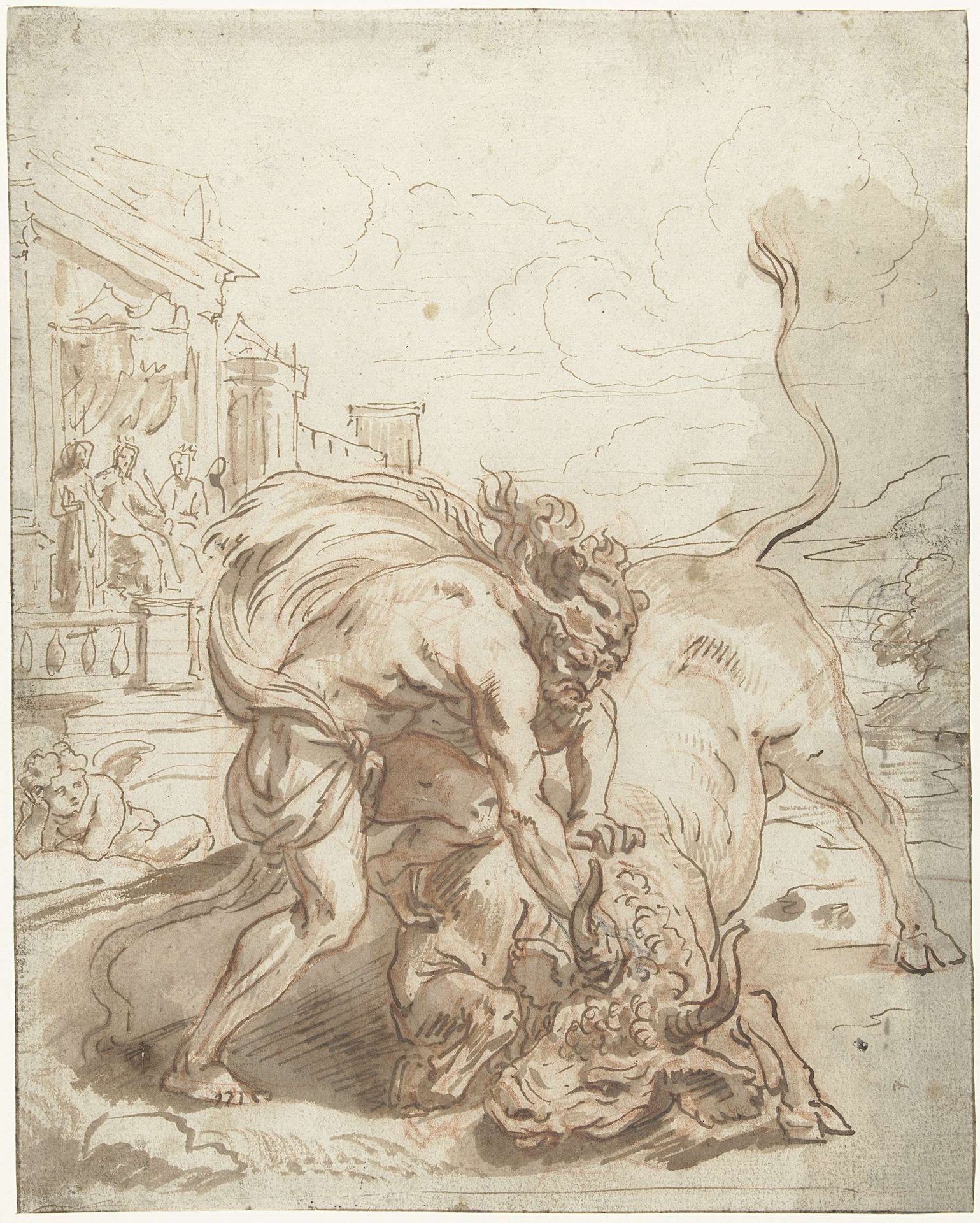Hercules verslaat Acheloüs in de gedaante van een stier by Abraham van Diepenbeeck