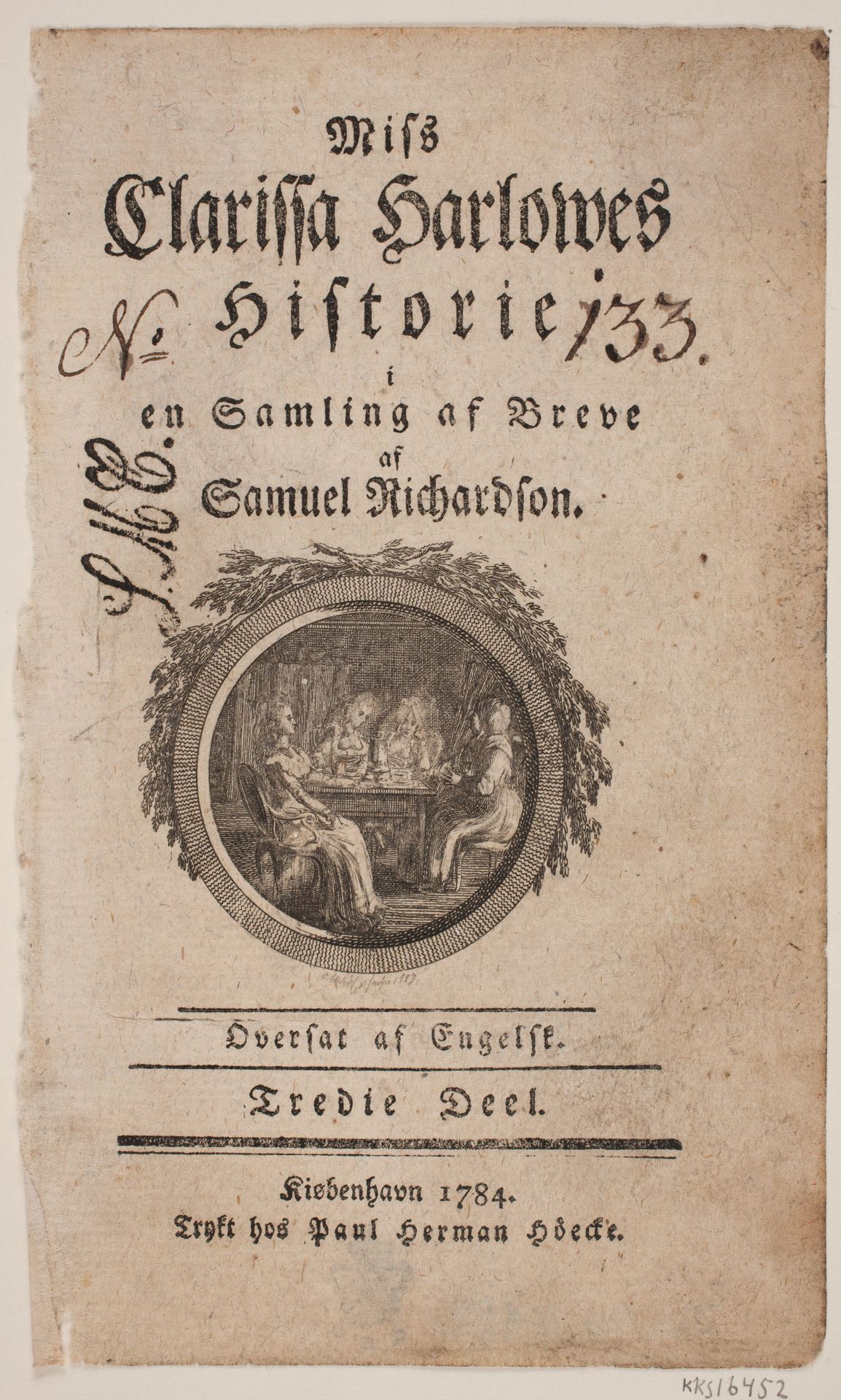 Titelblad med vignet til S. Richardson: "Miss Clarissa Harlowes Historie", tredje del by Georg Christian Schule