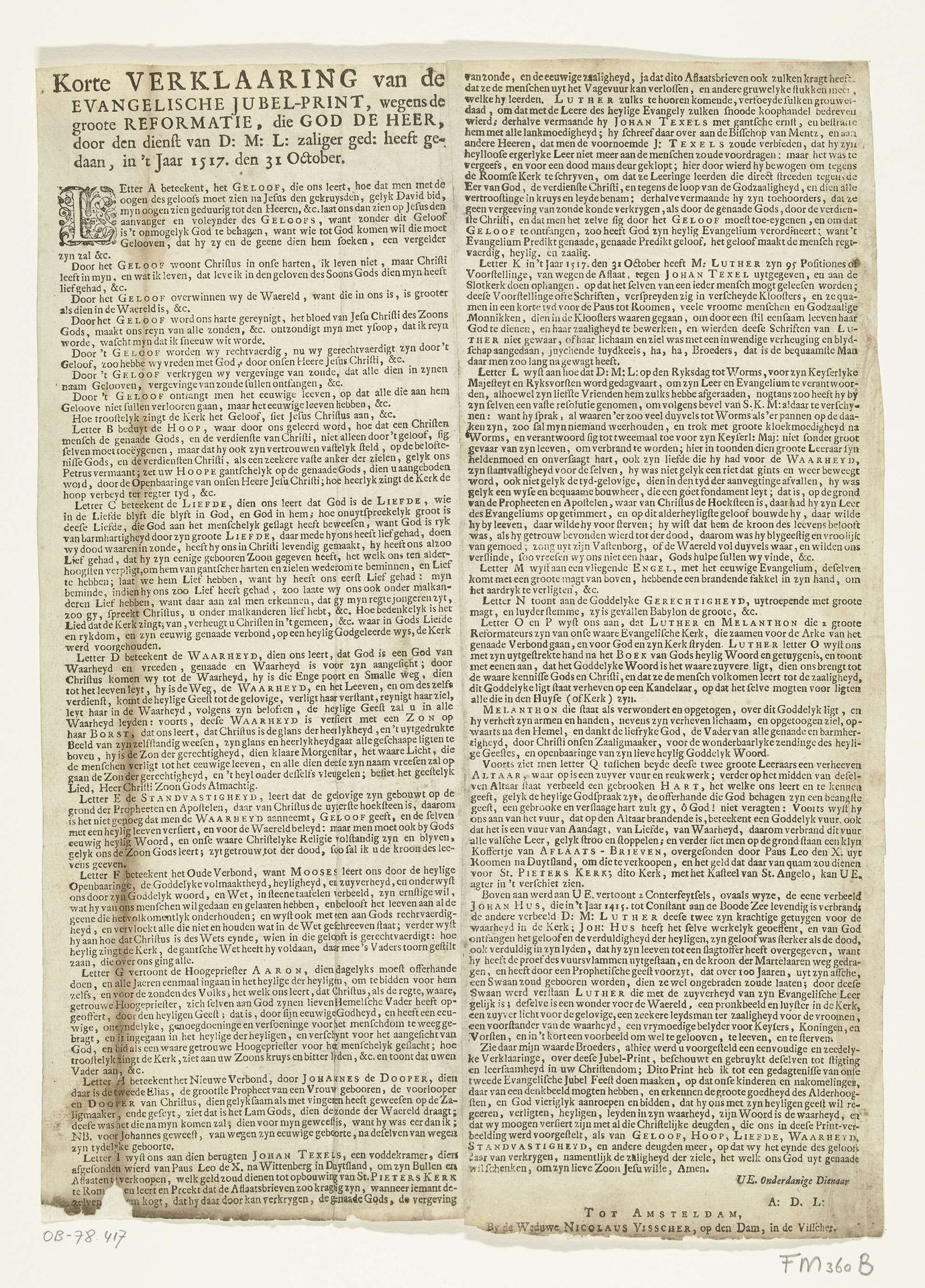 Verklaring behorend bij de evangelische jubelprent, 1717 by weduwe Nicolaes (II) Visscher