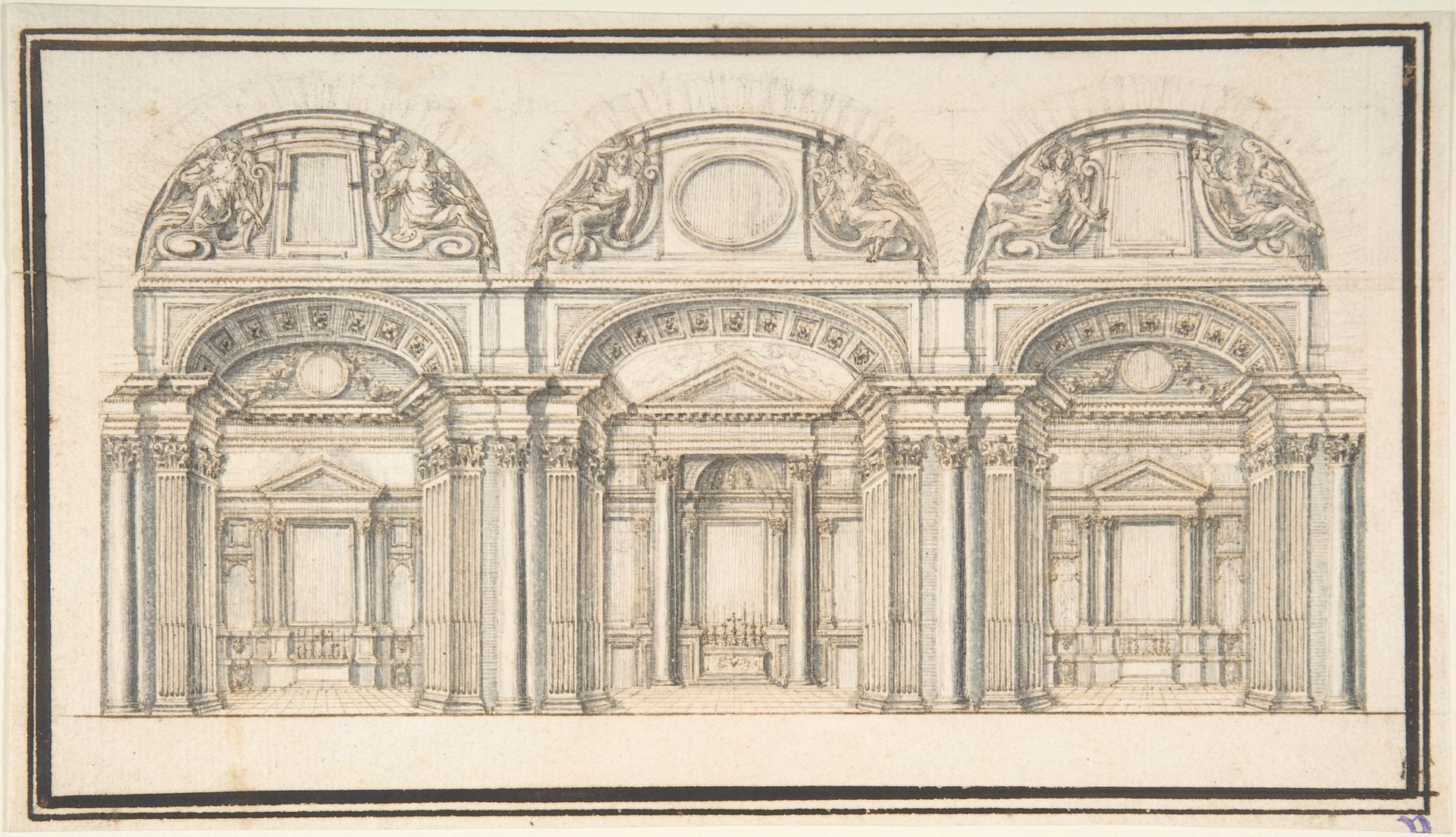 Wall Elevation with Three Chapels; Floor Plan with Columns (Verso) by Anonymous