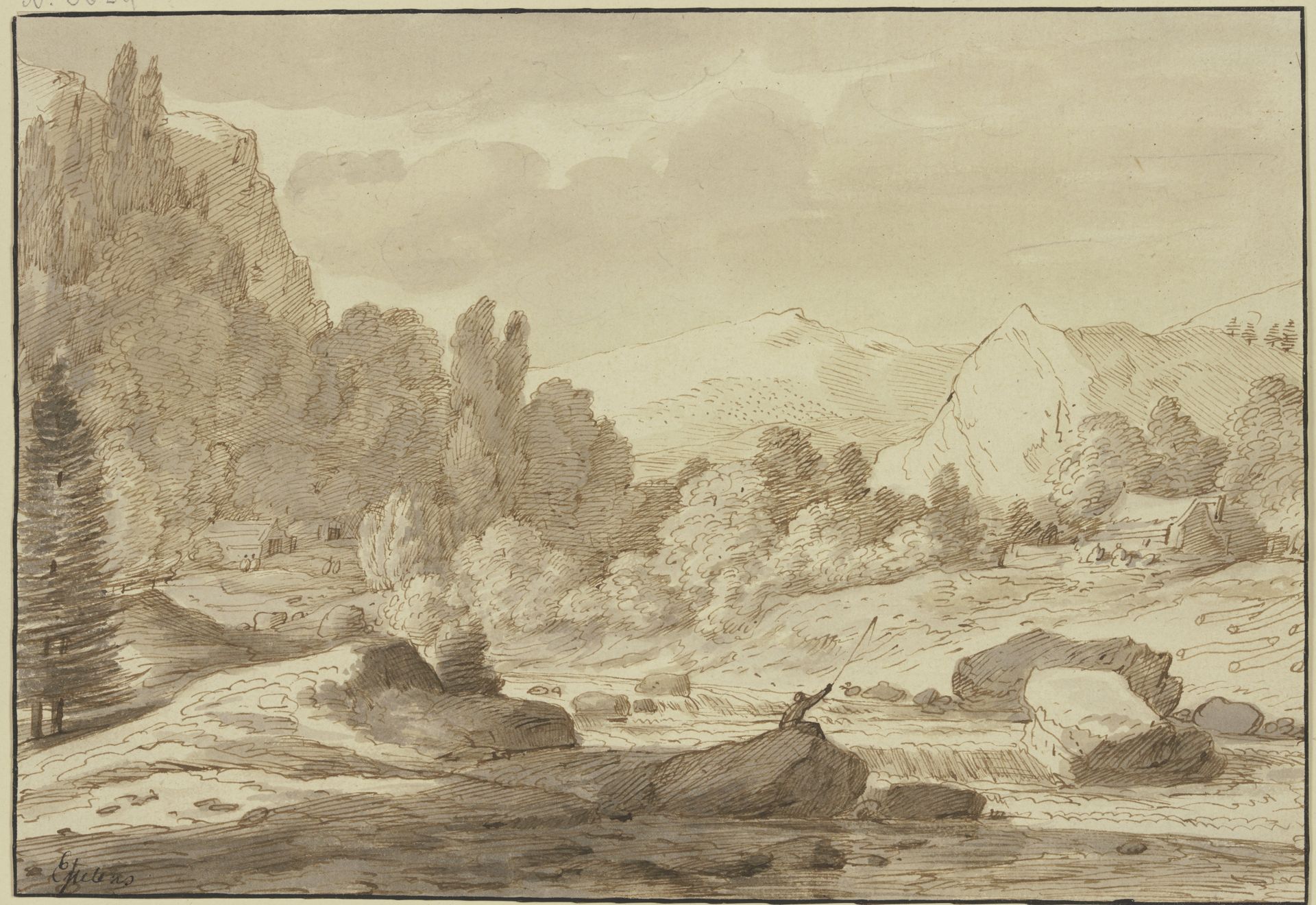 Gebirgslandschaft mit einem Waldbach, an welchem ein Angler sitzt by Jacob Esselens