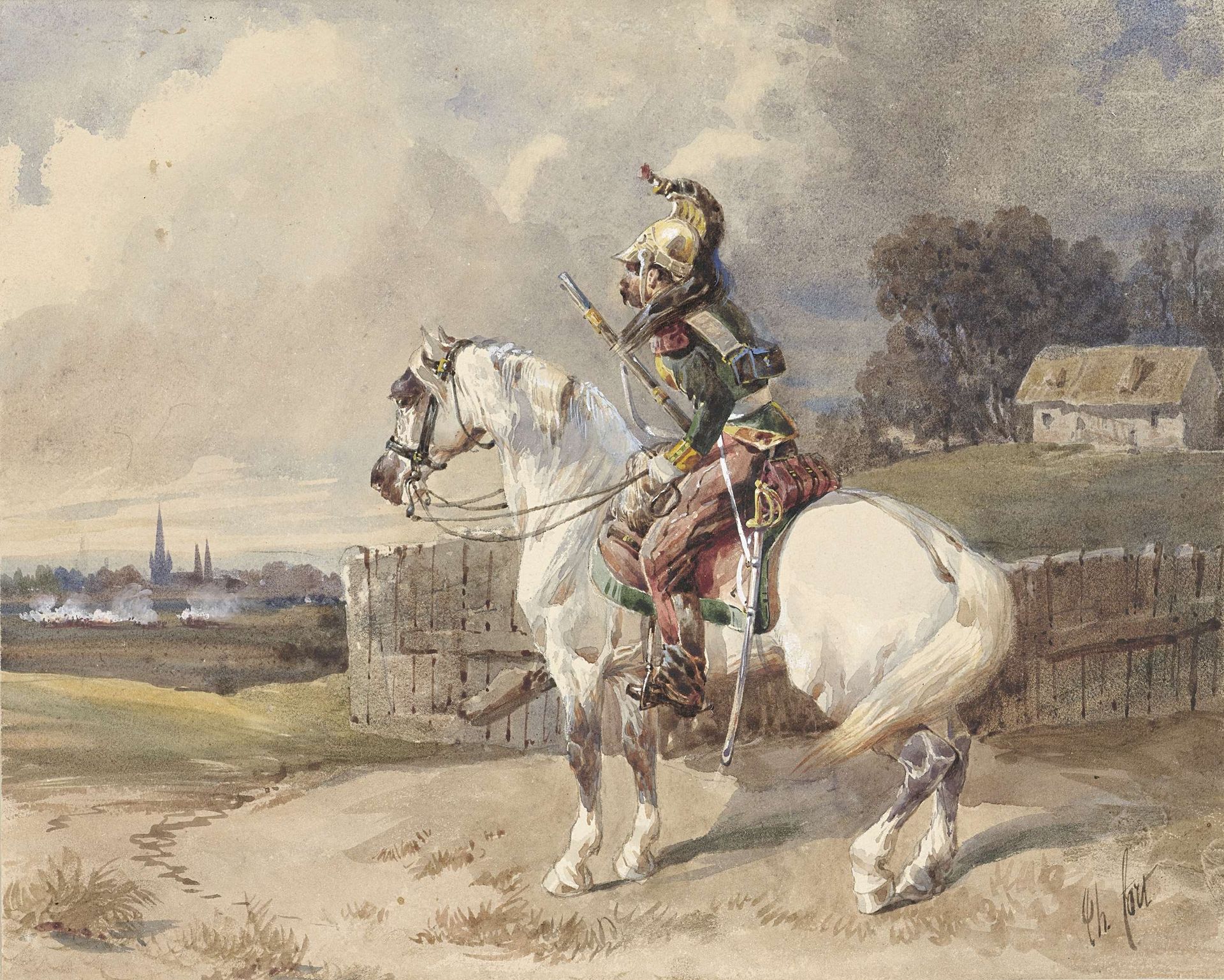 Franse dragonder op een wit paard, links gewend, in profiel by Théodore Fort