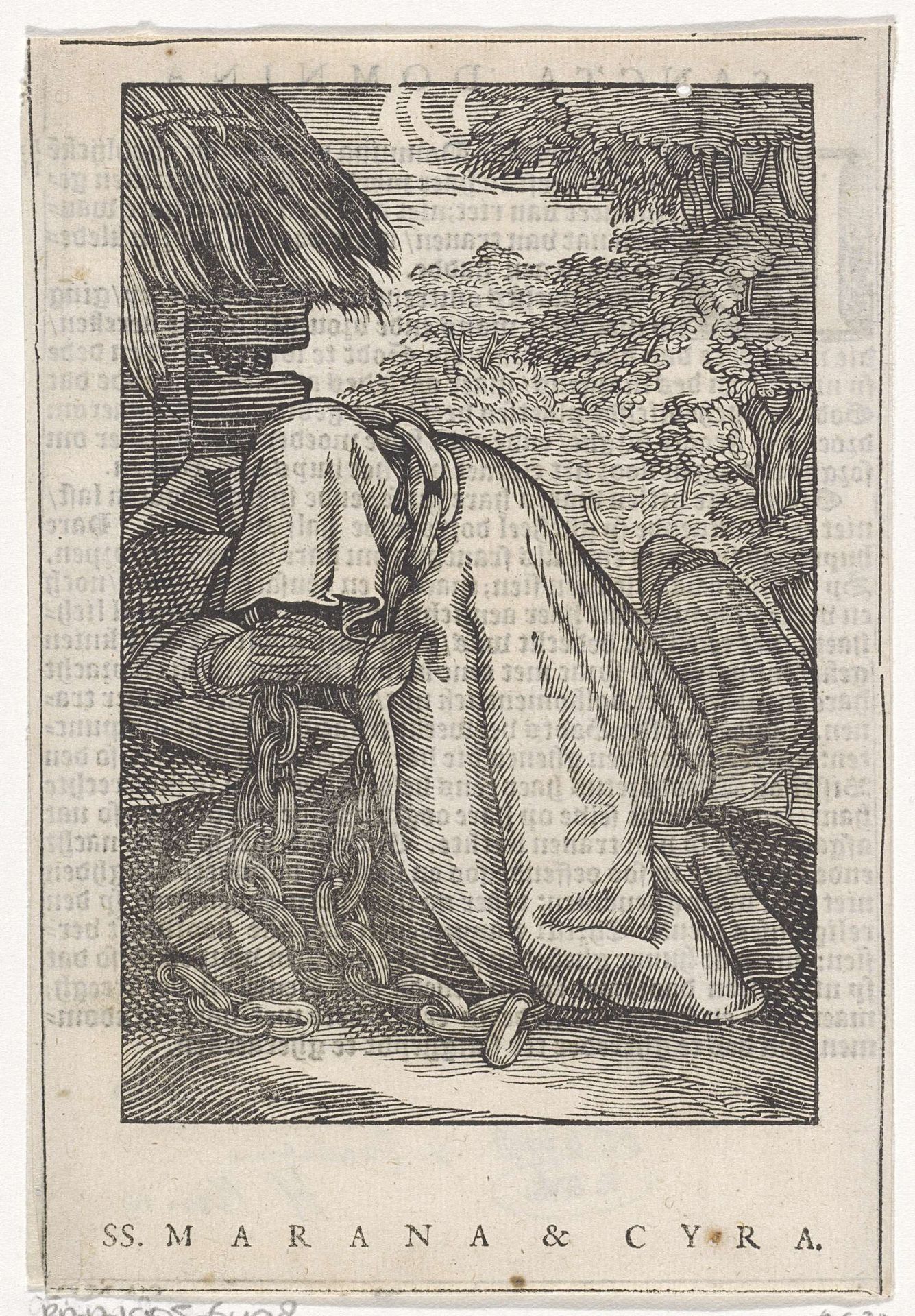 Heilige Marana van Syrië en heilige Cyra als kluizenaressen met ketenen by Christoffel van (II) Sichem