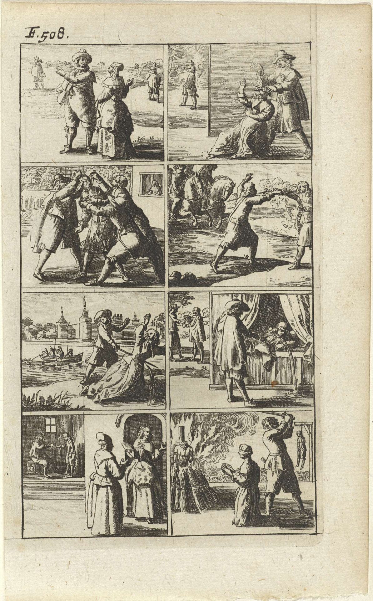 Verhaal met voorstellingen van moord en doodstraf (F. 508.) by Abraham Dircksz. Santvoort