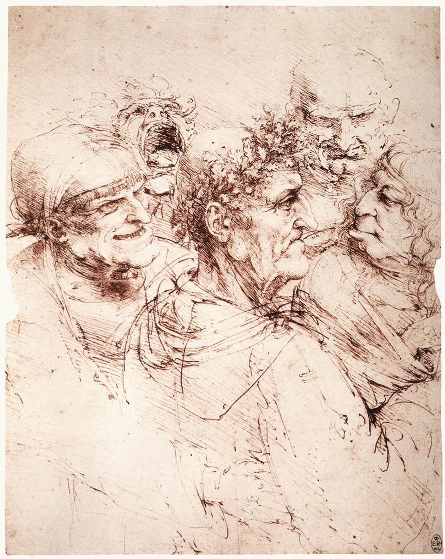 Study of five grotesque heads by Leonardo da Vinci