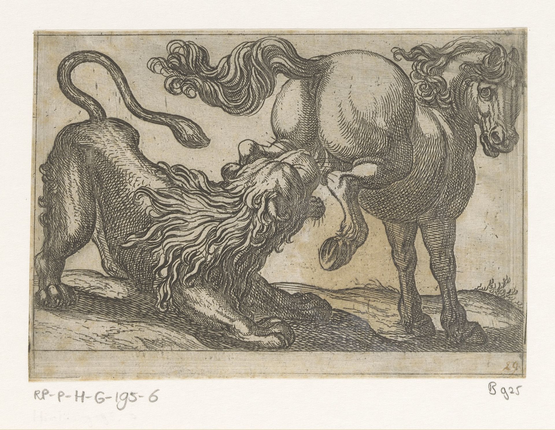 Een paard een leeuw trappend by Antonio Tempesta