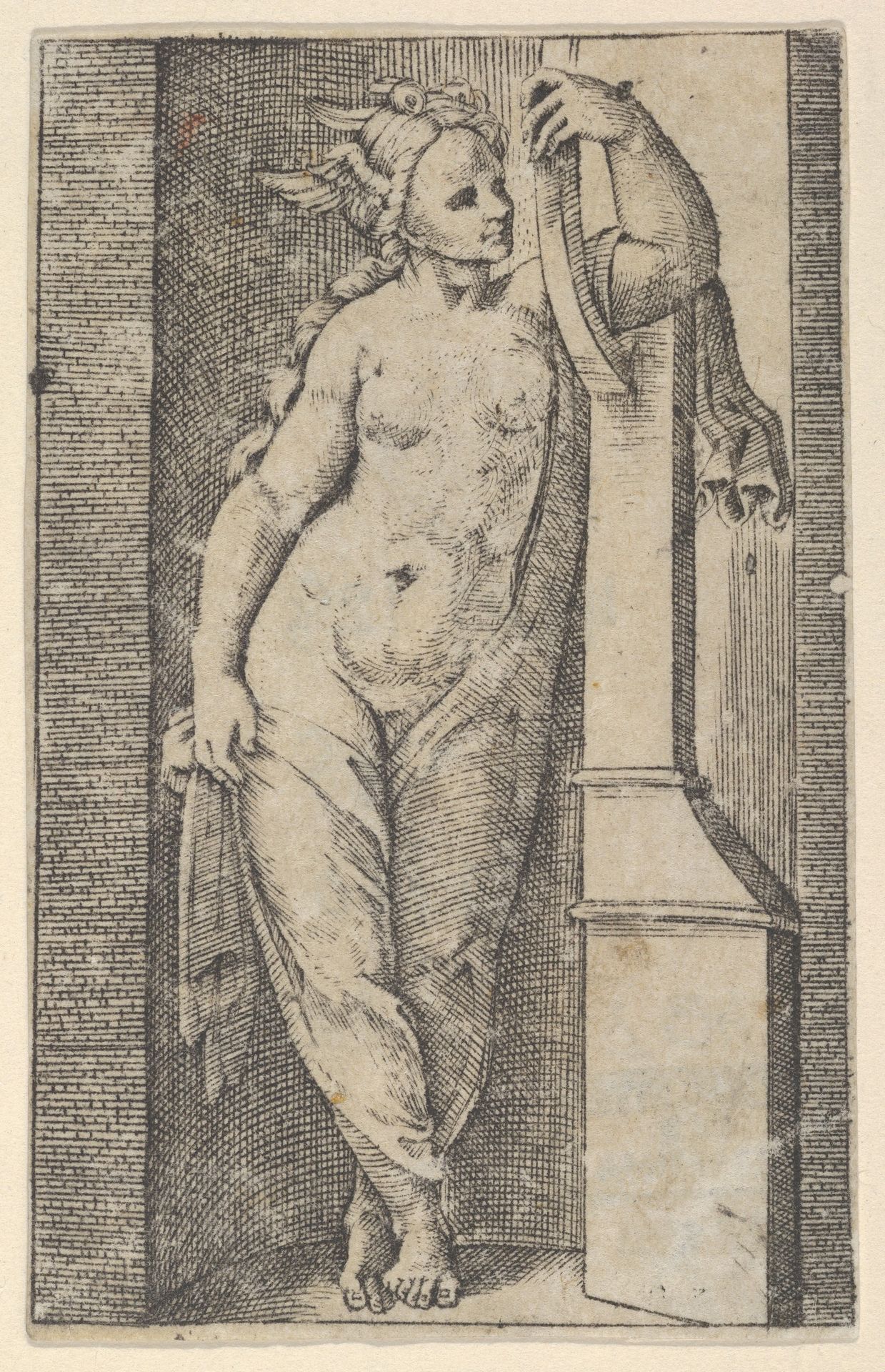Woman with a winged head standing in a niche by Marcantonio Raimondi