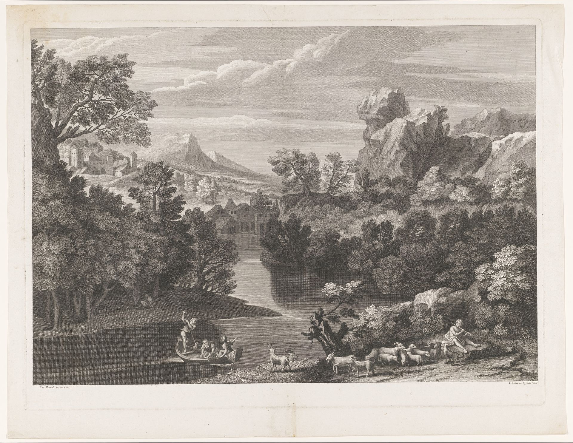 Rivierlandschap met fluitspelende schaapsherder by Jean Baptiste (I) Scotin