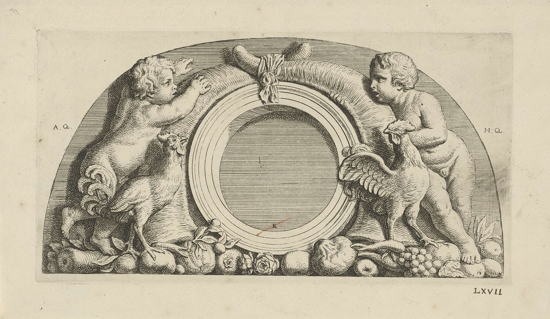 Lunette met putti, hanen en hoornen des overvloeds in de westelijke galerij van het Stadhuis op de Dam by Hubert Quellinus