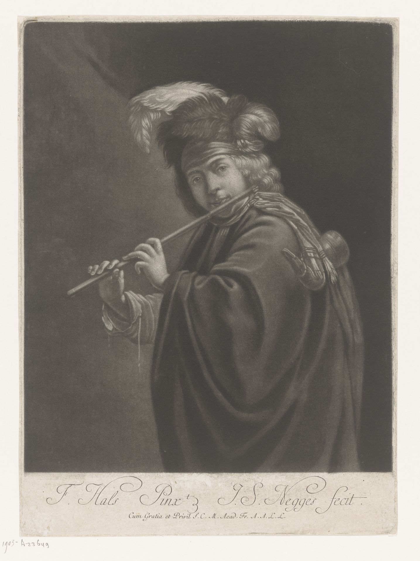 Dwarsfluit spelende jongeman by Johann Simon Negges