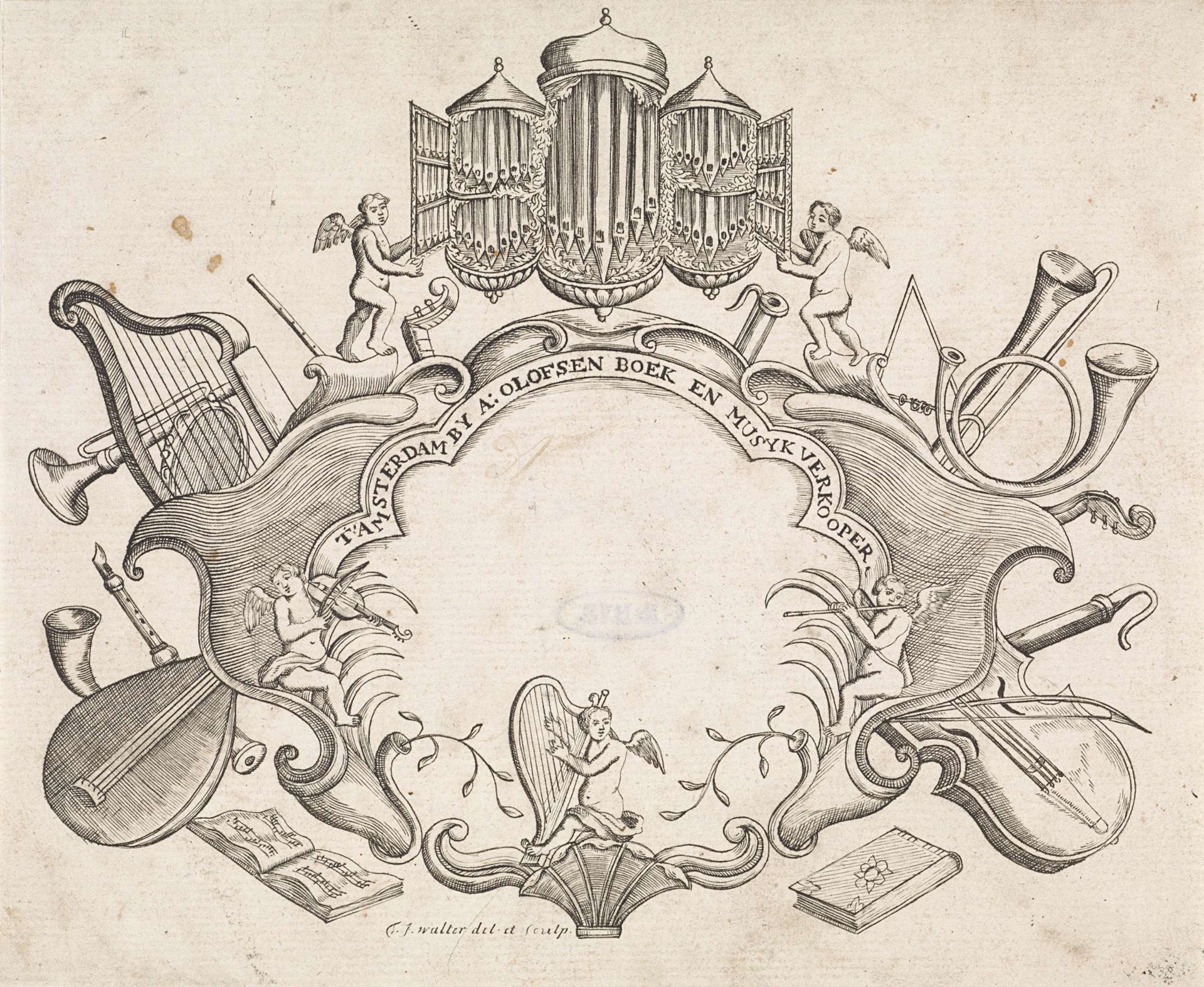 Cartouche gedecoreerd met muziekinstrumenten by F.J. Walther