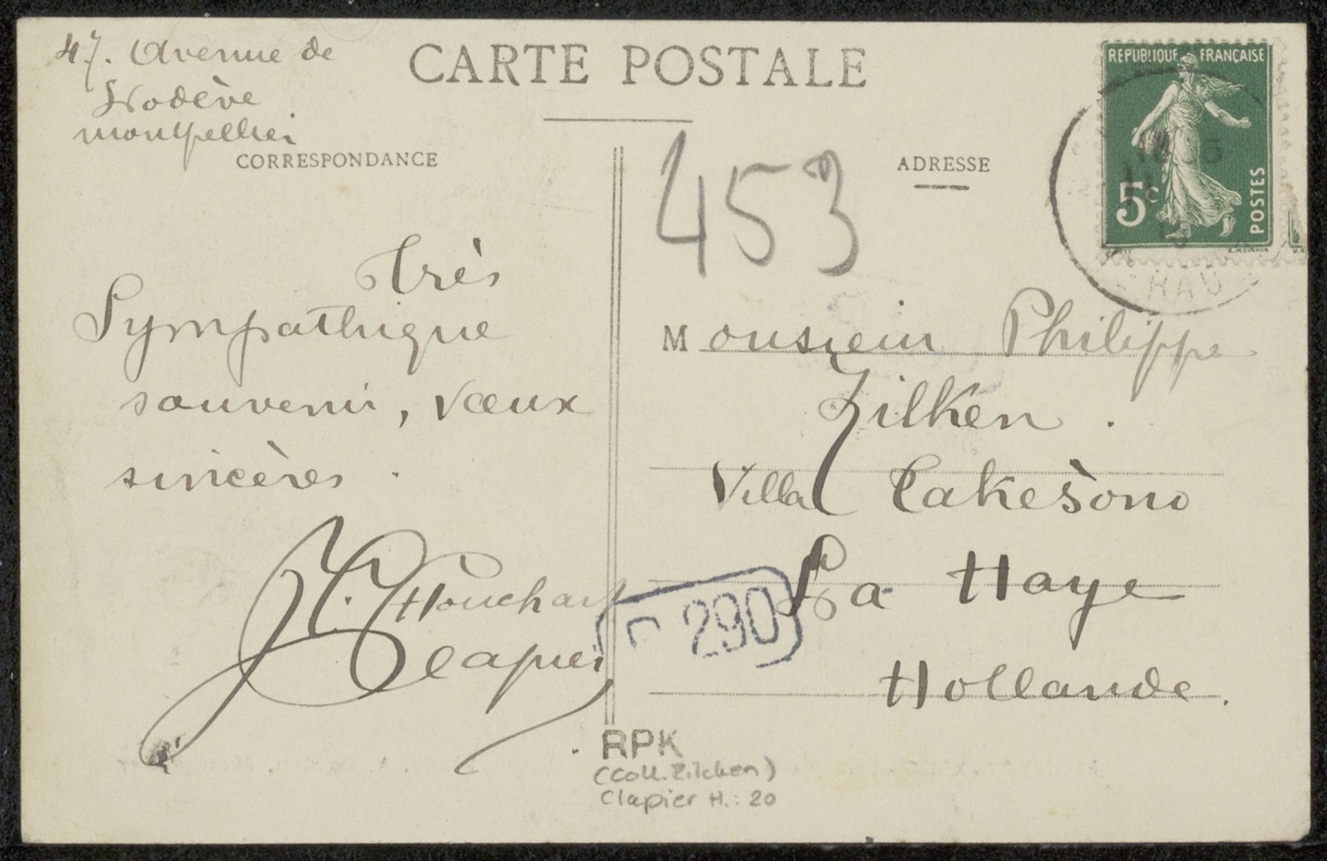 Prentbriefkaart aan Philip Zilcken by Eugénie Clapier-Houchart