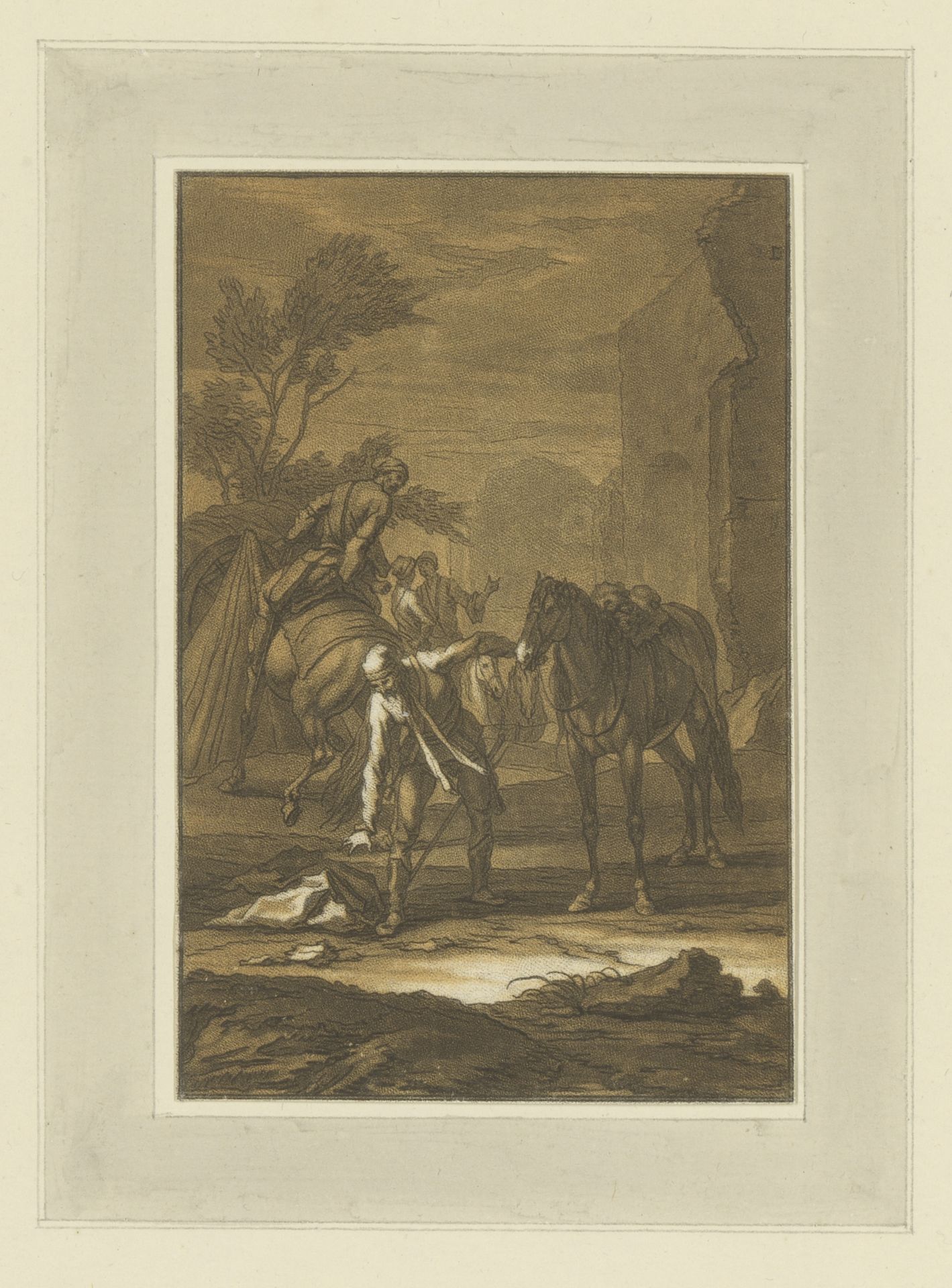 Man naast paard bukt om iets van de grond te pakken by Christian Rugendas
