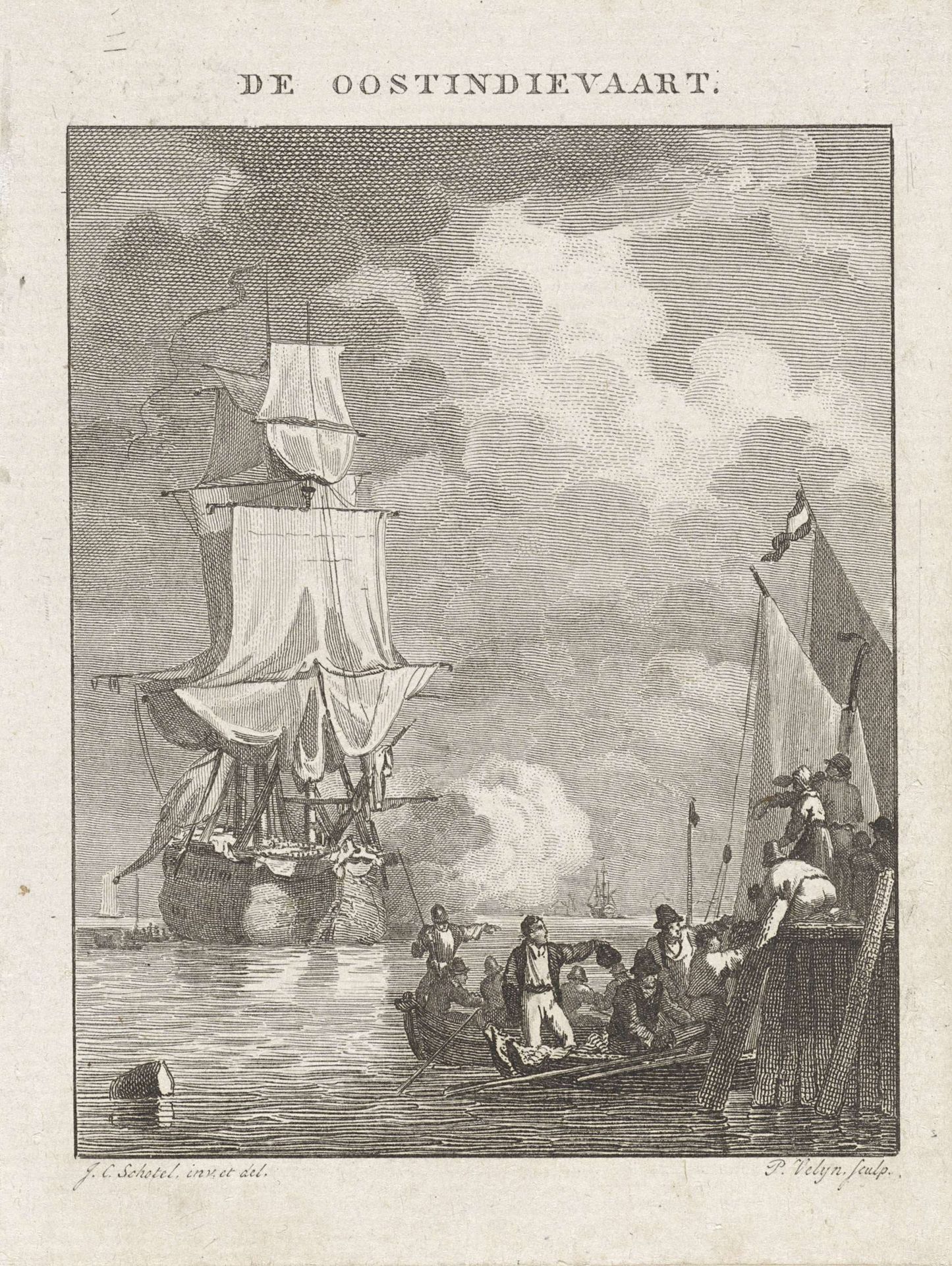Zeilschip en een sloep bij een havenhoofd by Philippus Velijn