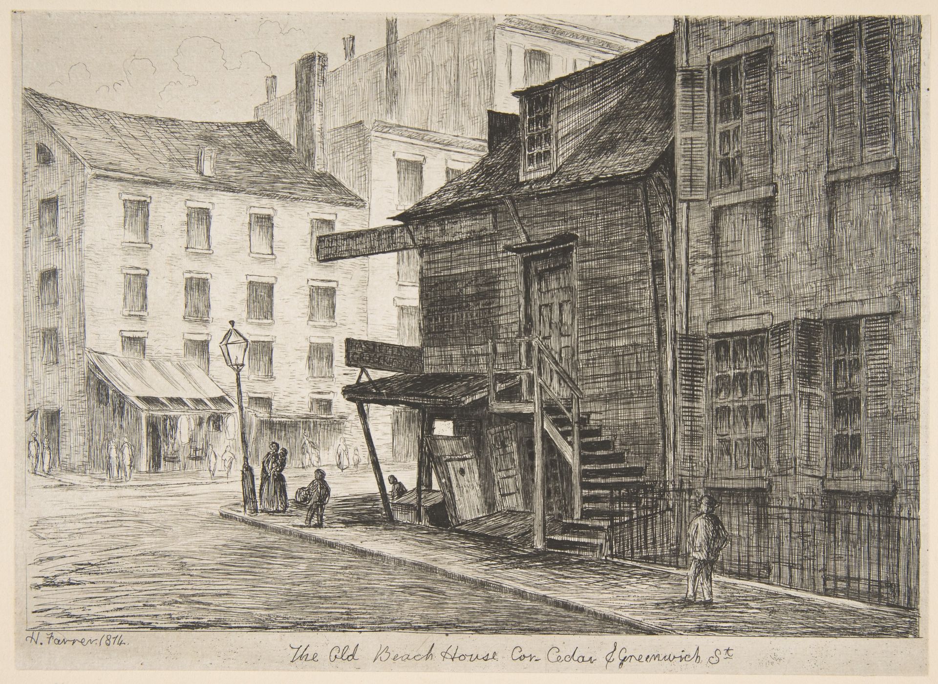 The Old Beach House, Corner of Cedar and Greenwich Streets (from Scenes of Old New York) by Henry Farrer
