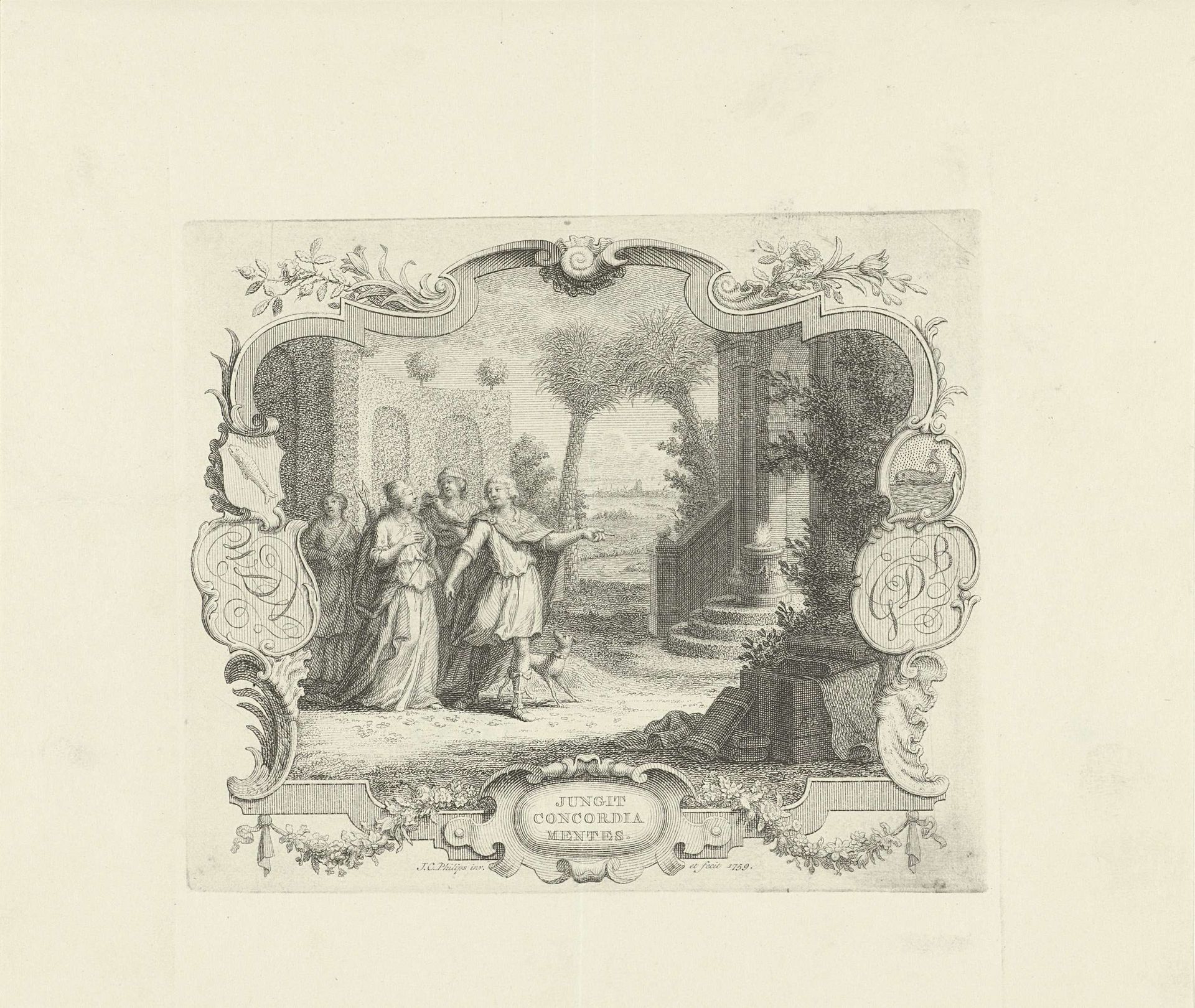 Vignet op het huwelijk van Willem de Neve Abrahamsz. en Geertruide de Bruin by Jan Caspar Philips